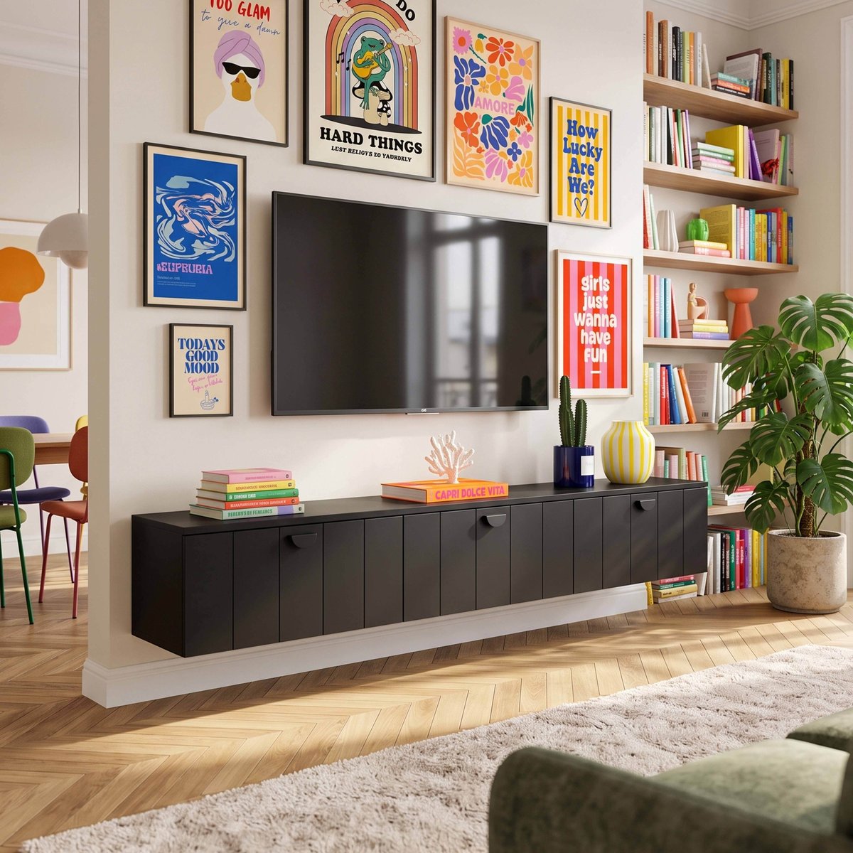 Meuble TV suspendu 200 cm style bohème, HOLLY noir, OVIALA