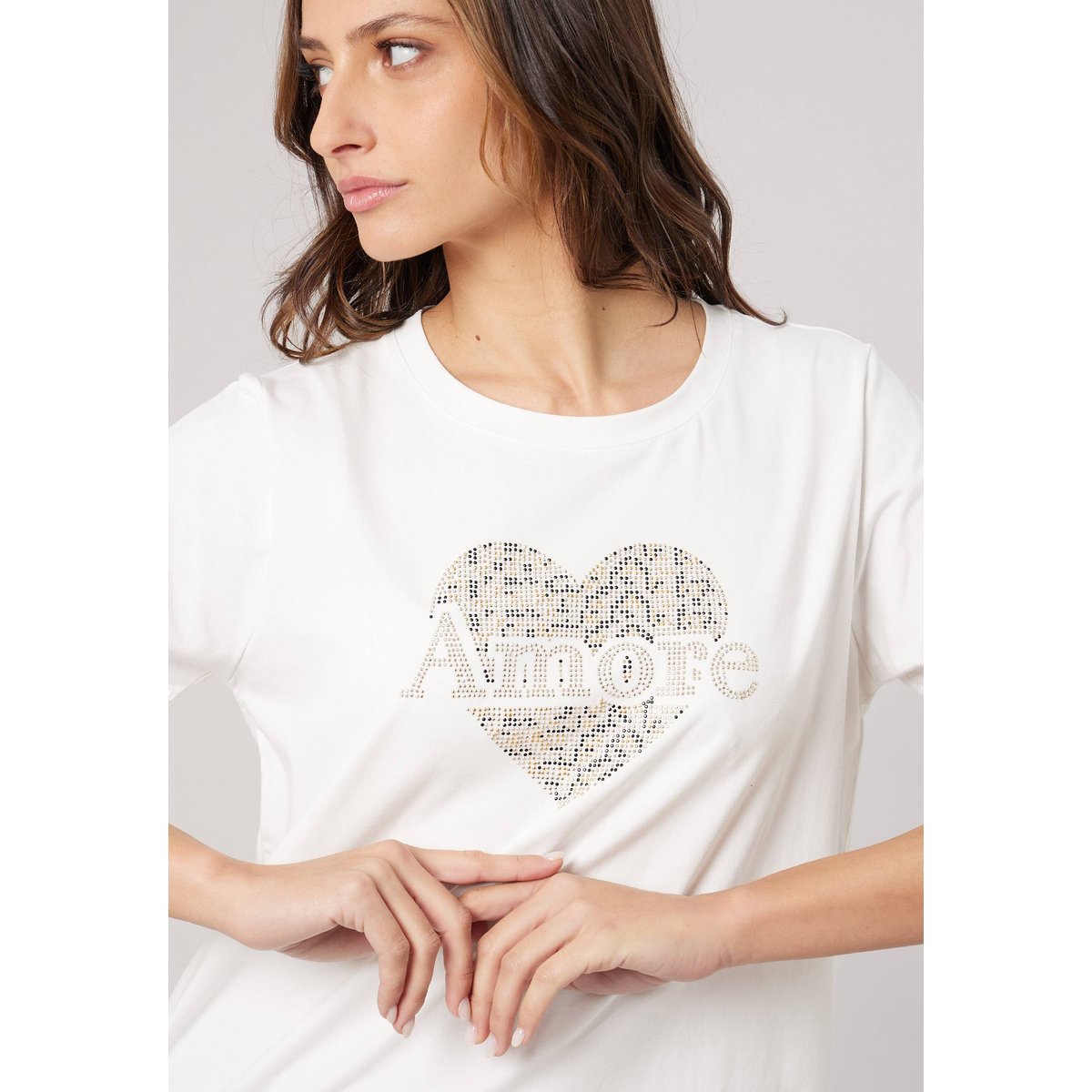 T-shirt regular femme en coton stretch avec cœur en strass SOLINE off white, DEELUXE
