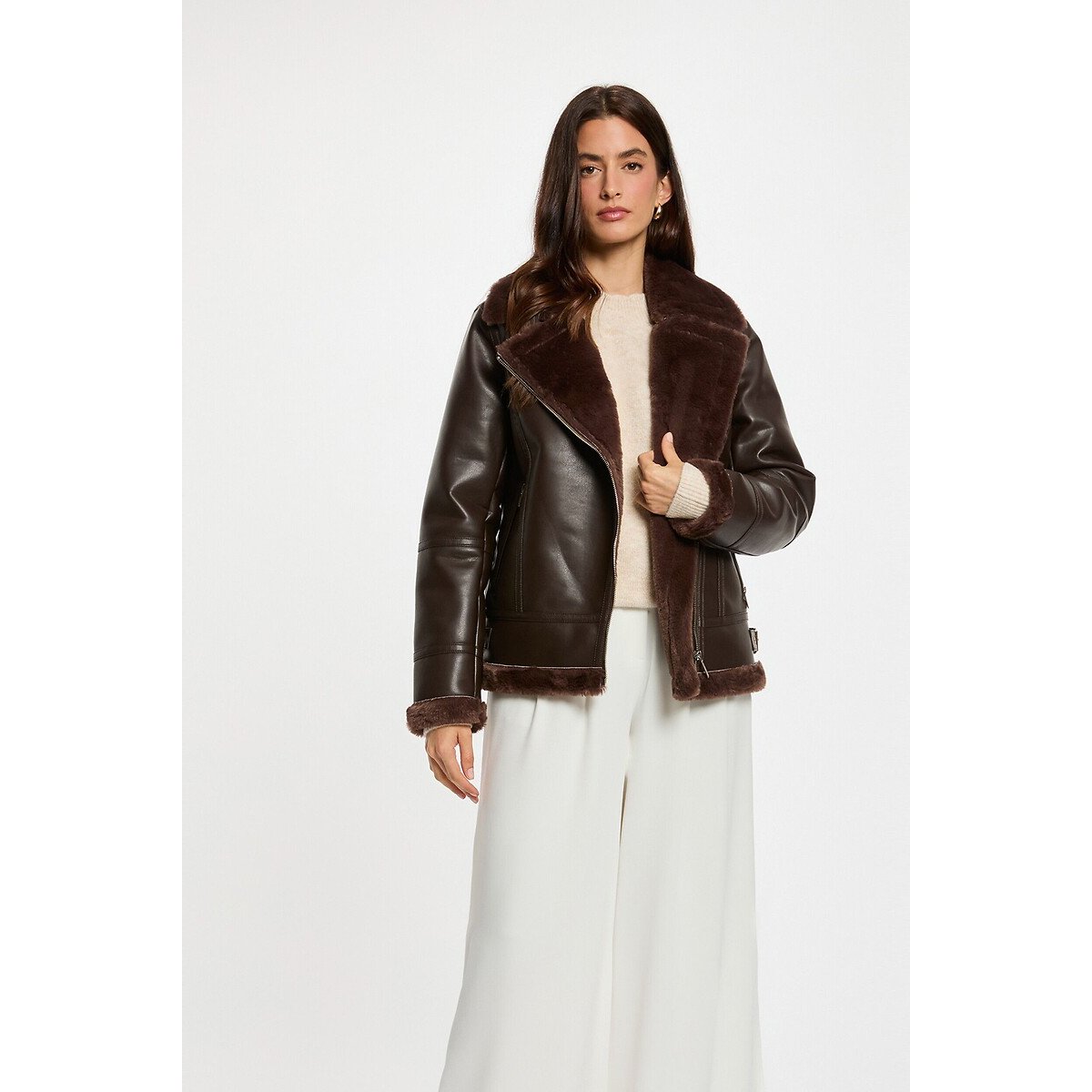 Blouson oversize similicuir café, MORGAN