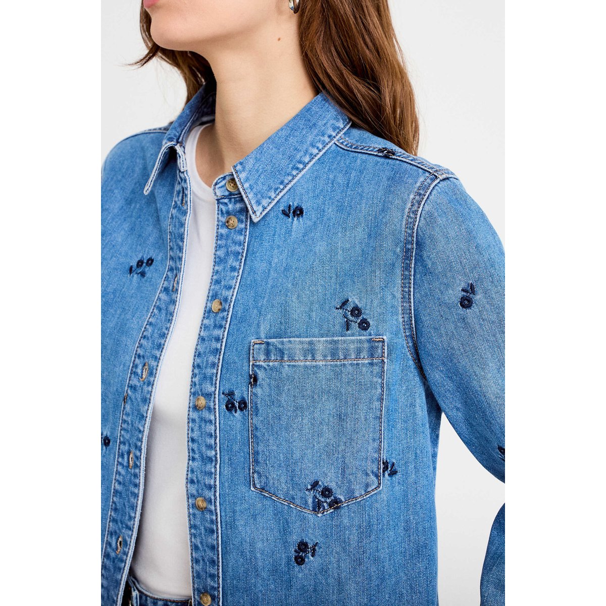 Chemise droite courte manches longues bleu, CACHE CACHE
