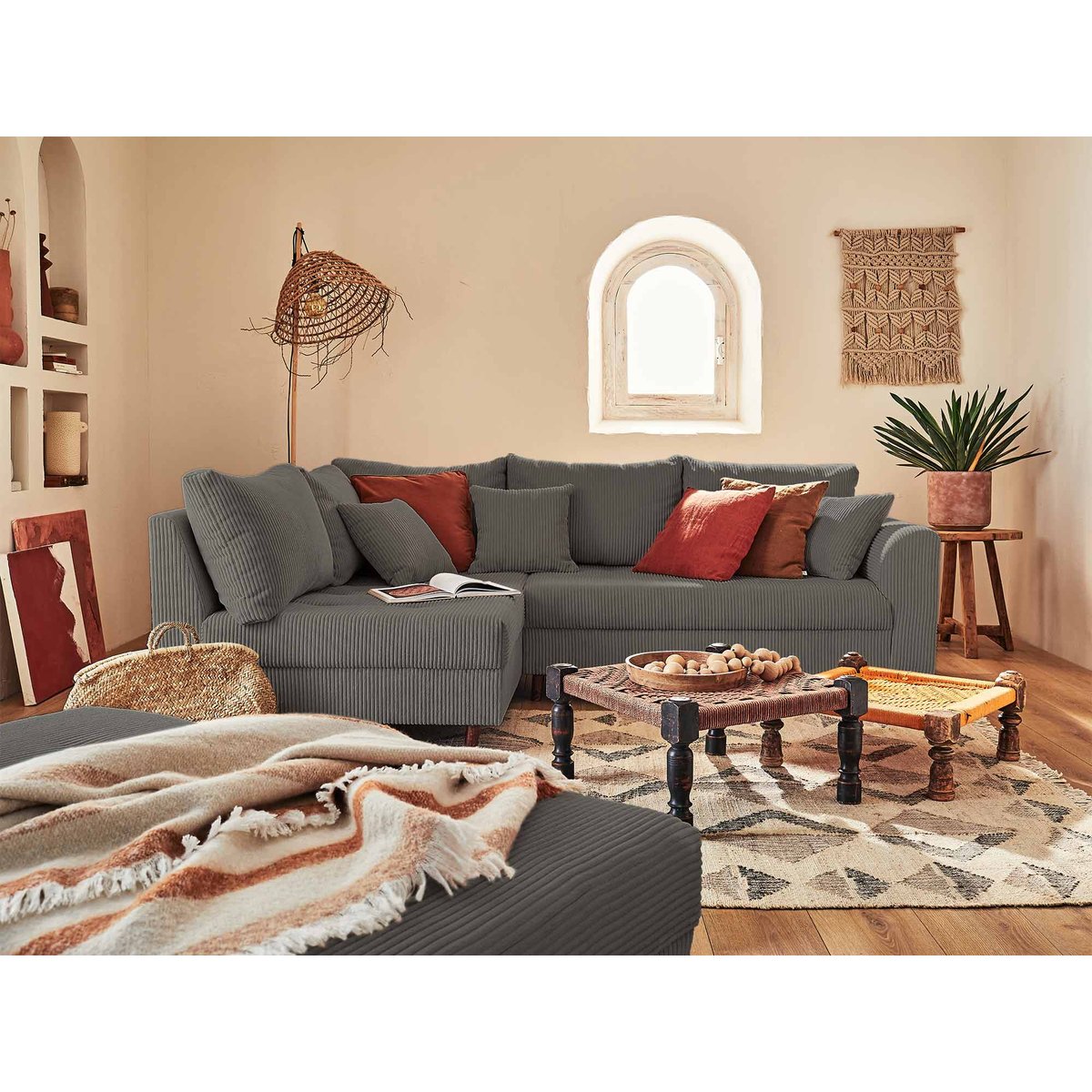 Canapé d'Angle gauche 4 places + pouf places - RUNE gris foncé, BEST MOBILIER