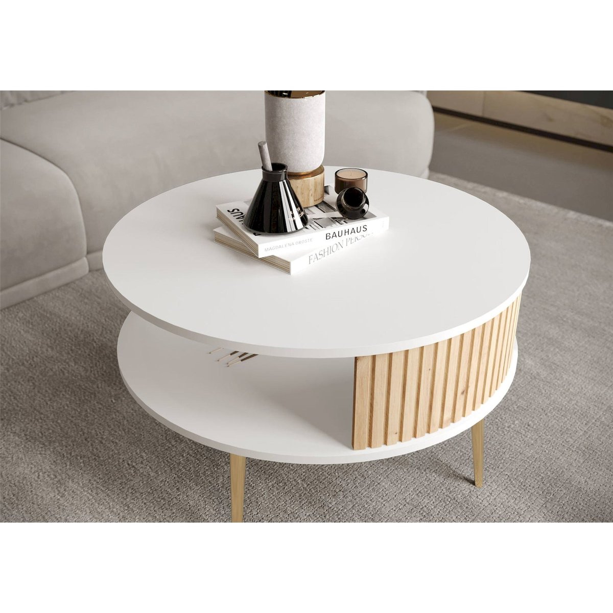 Table basse ronde à lamelles PIVIANO chêne et blanc, RECOLLECTION