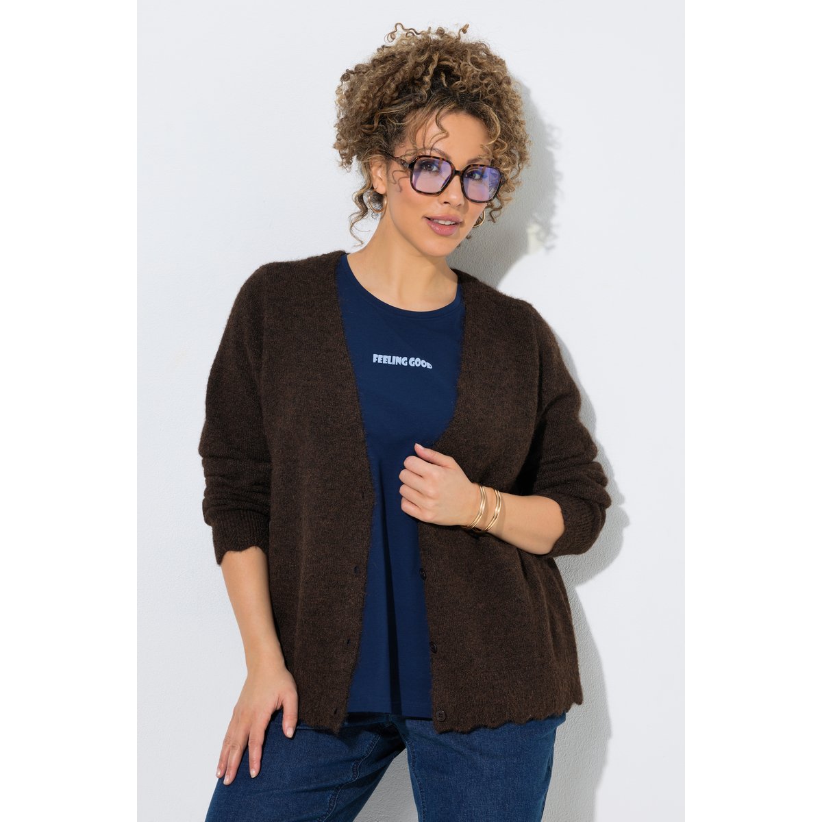 Cardigan manches longues et encolure en V acajou, ULLA POPKEN