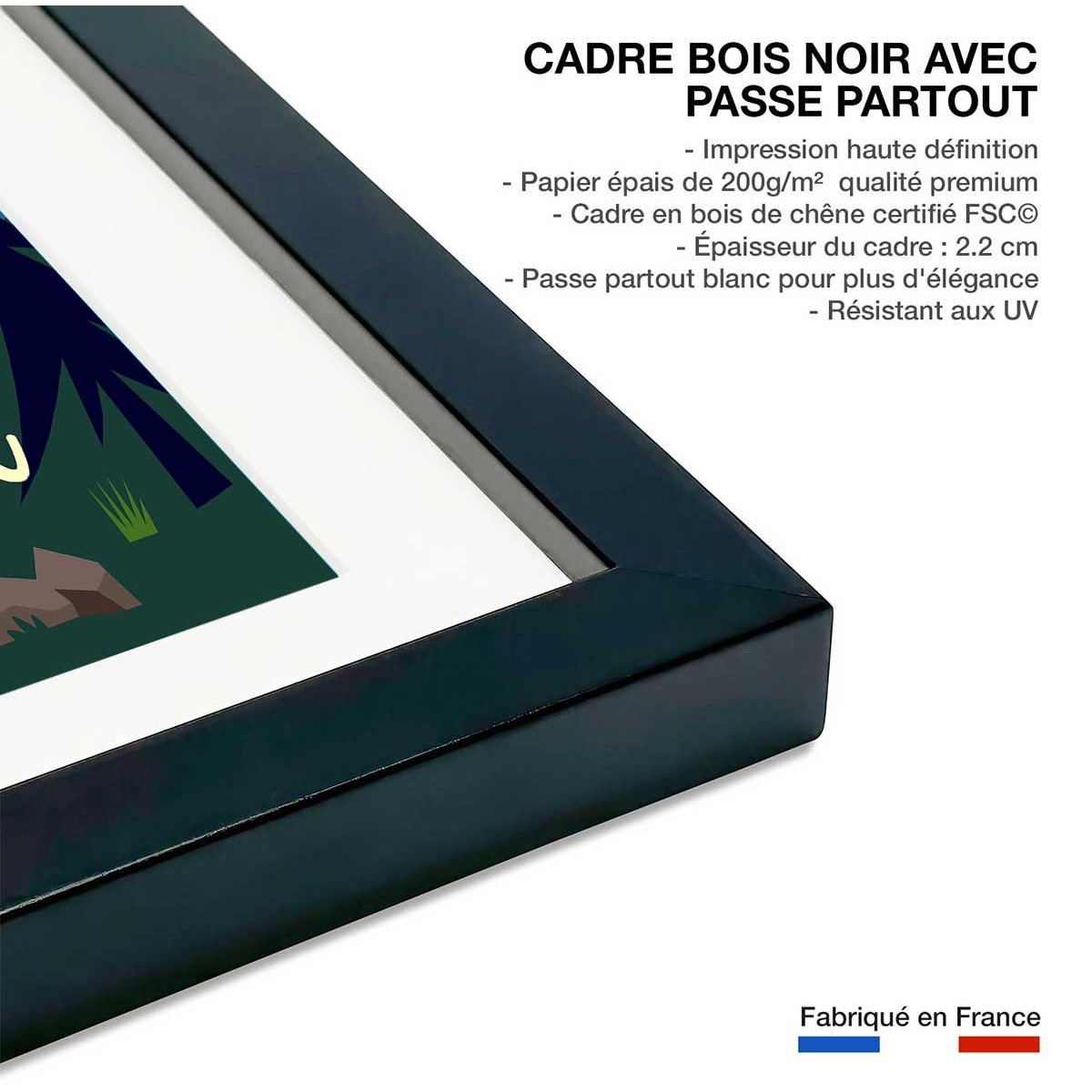 Poster de rando à chamonix affiche + cadre en bois - noir, HEXOA