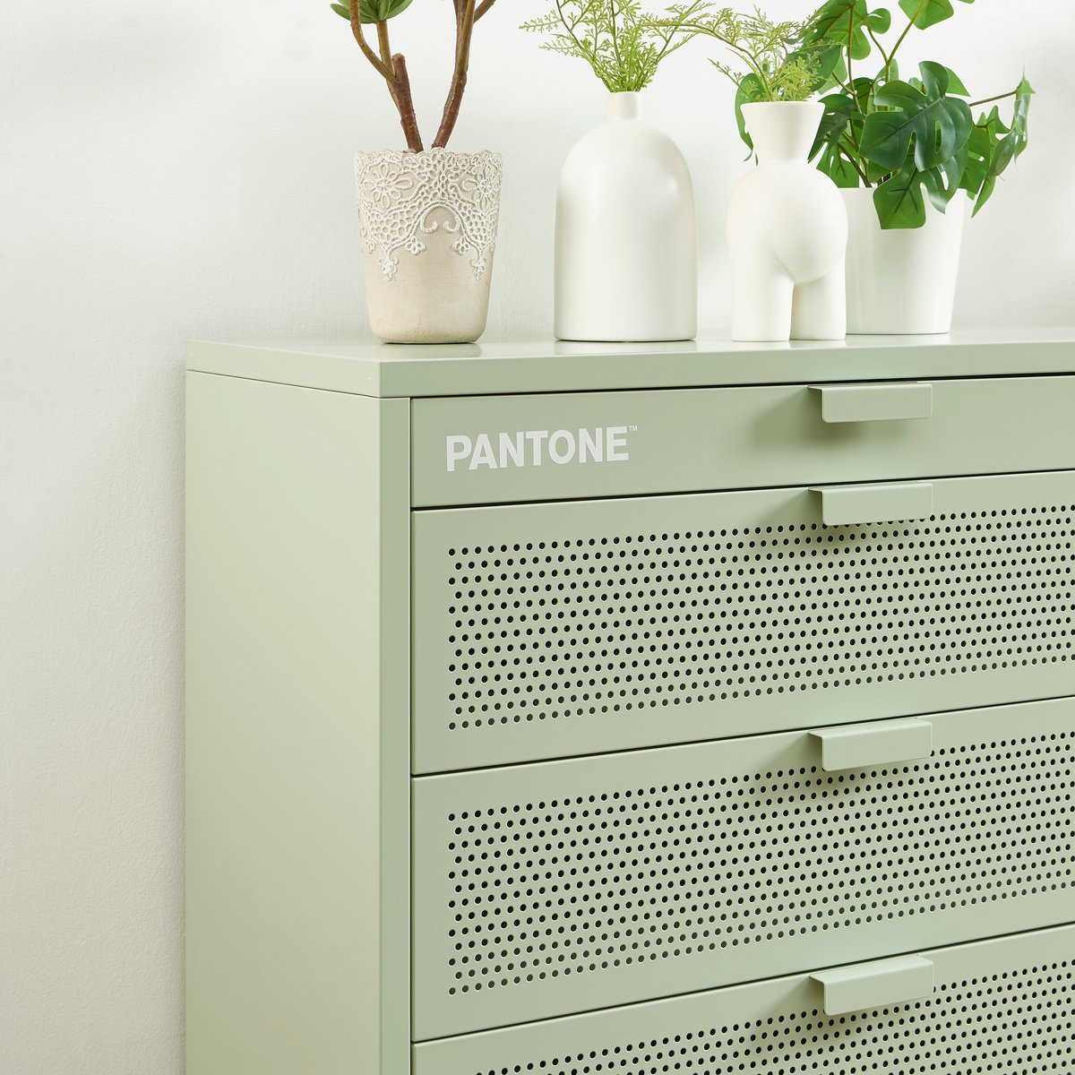 Commode en acier 4 tiroirs vert amande, PANTONE