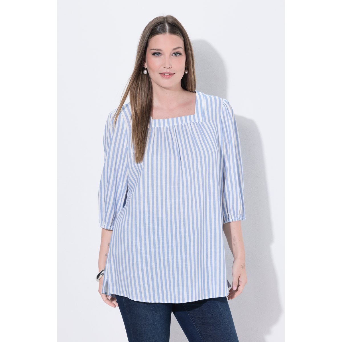 Blouse en lin mélangé à rayures bleu ciel, ULLA POPKEN