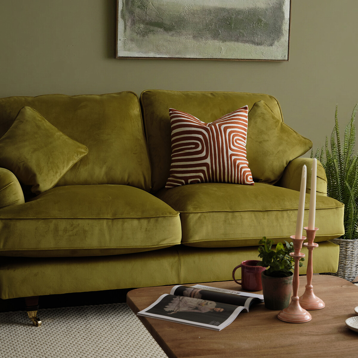 Emeline Velvet 2 Seater Sofa with Castor Legs olive, ÉDITÉ