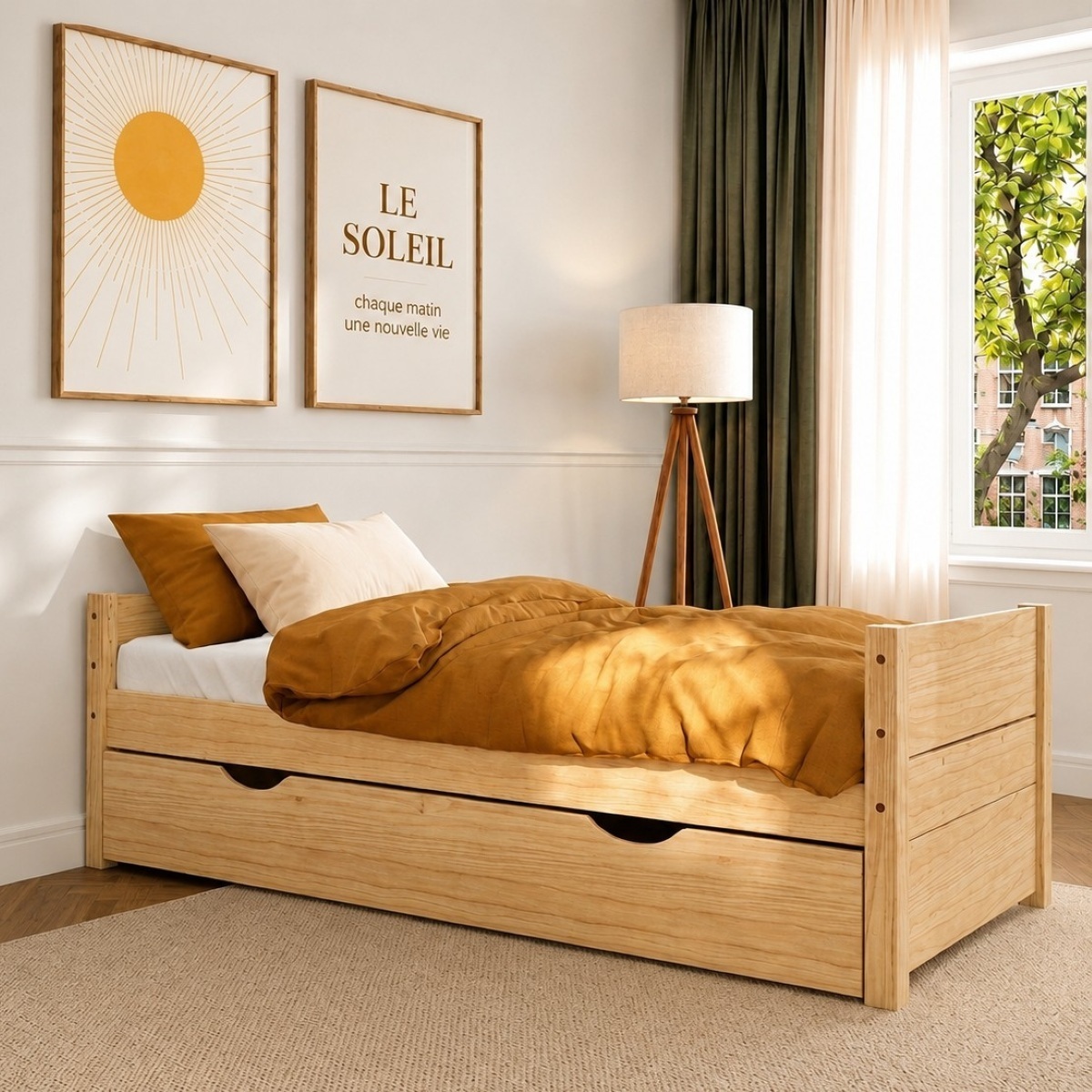 Pack lit banquette gigogne avec matelas Bois massif LOUW bois naturel, AKITEN RETAIL