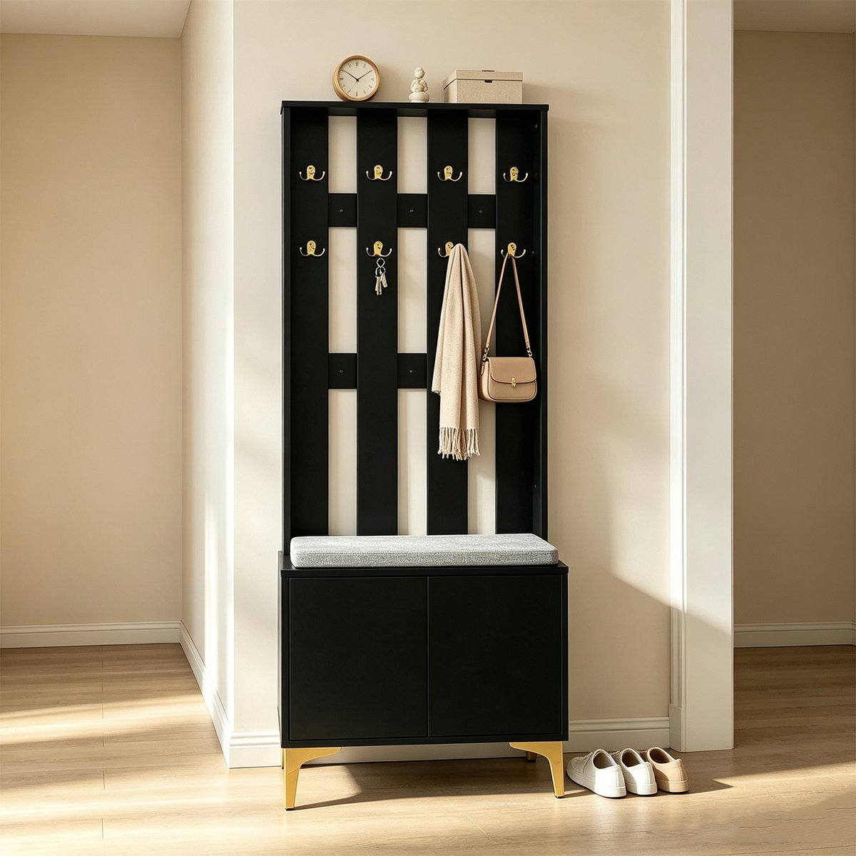 Vestiaire d'entrée ondulé avec banc et rangement, PORTER-A noir, MEUBLES COSY