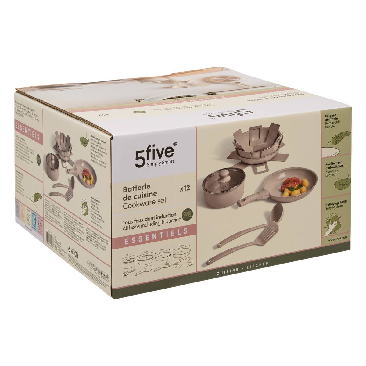 Batterie de cuisine 12 pièces ESSENTIELS beige, 5FIVE SIMPLY SMART