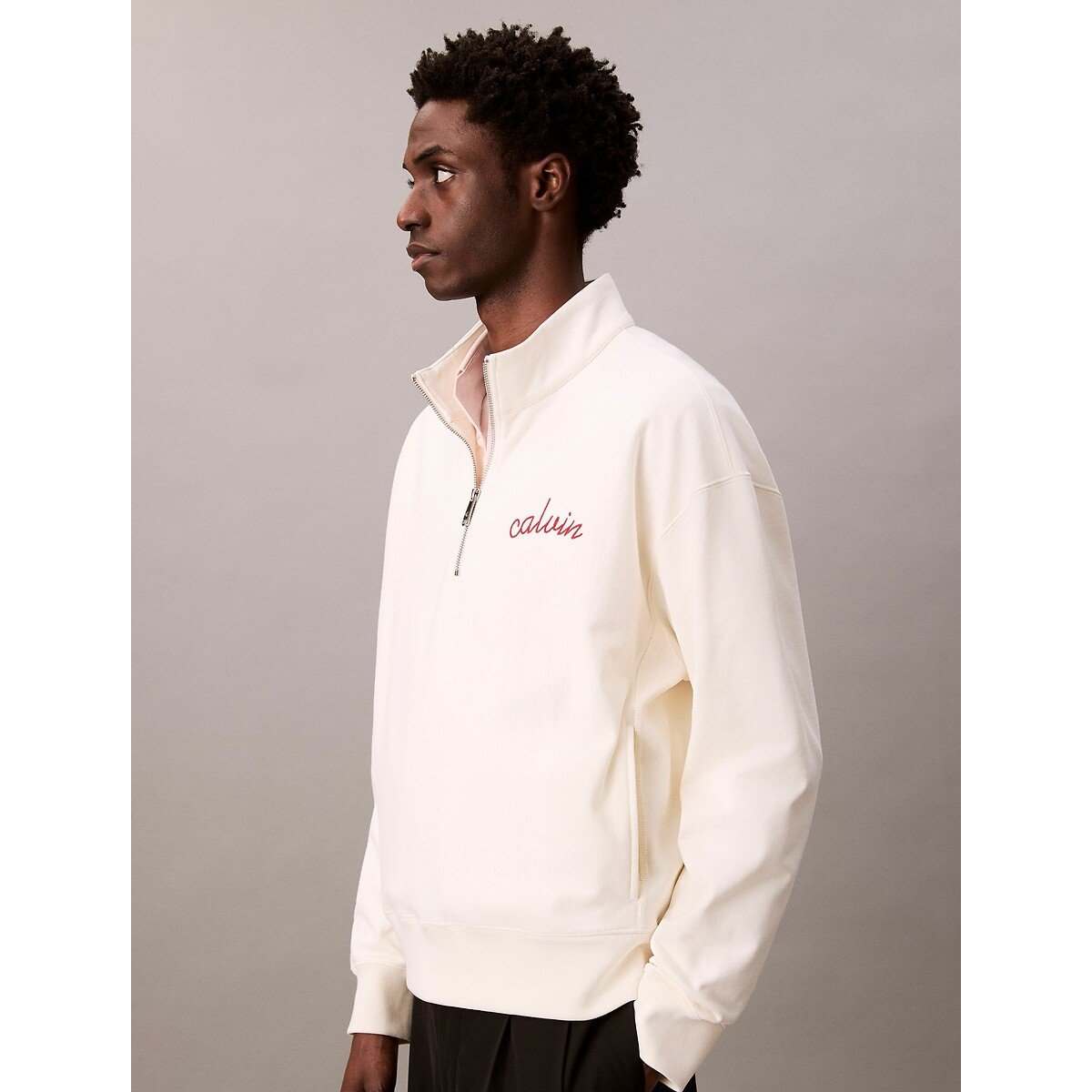 Half Zip High Neck Sweatshirt cream, CALVIN KLEIN JEANS
