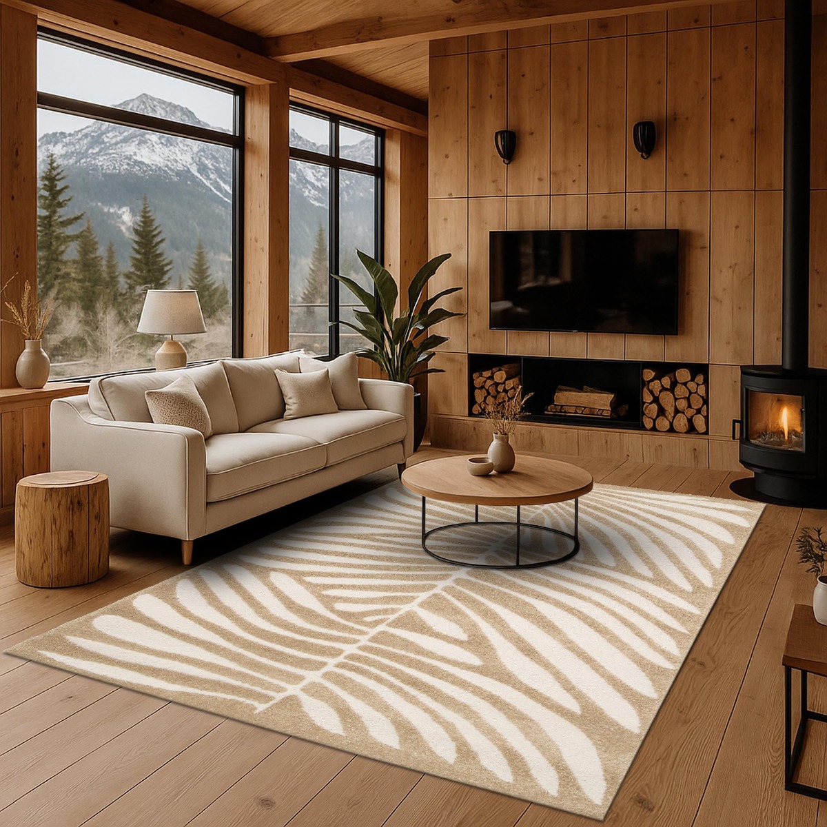 Tapis à relief doux moderne DESIGN LEAVES beige, THE DECO FACTORY