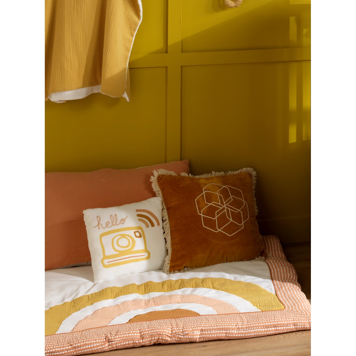 Coussin déco carré en coton blanc, SAUTHON