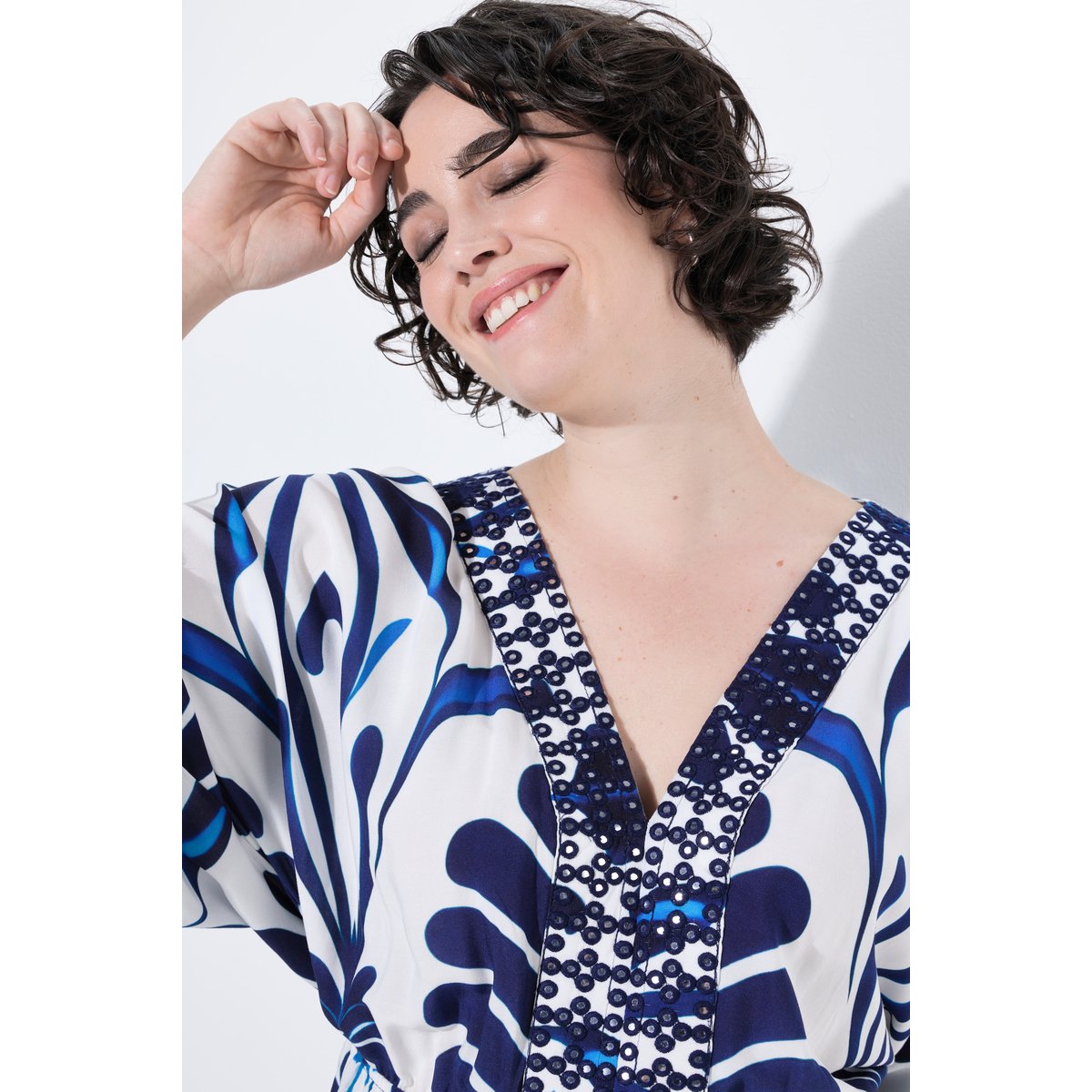 Robe décolleté en V et manches 3/4 blanc neige, ULLA POPKEN