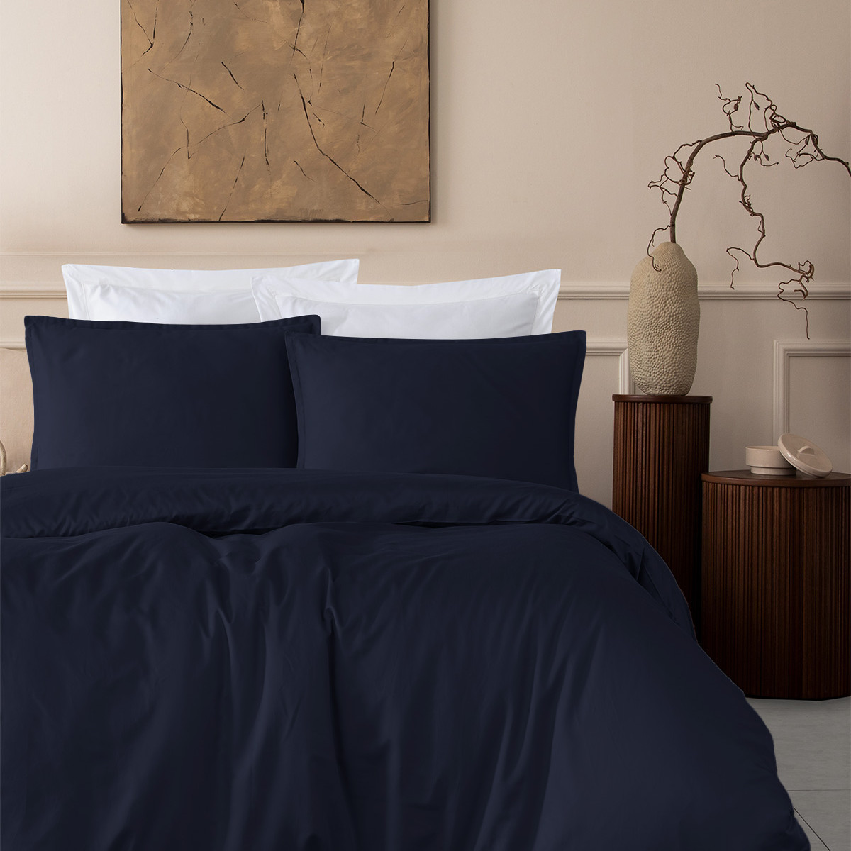 Drap housse satin coton/tencel 200 fils bonnet 40 cm OPERA bleu nuit, SENSEI MAISON