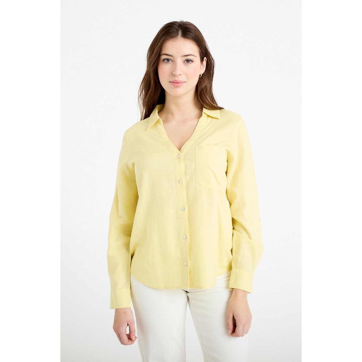 Chemise lin col V manches longues jaune pastel, CACHE CACHE