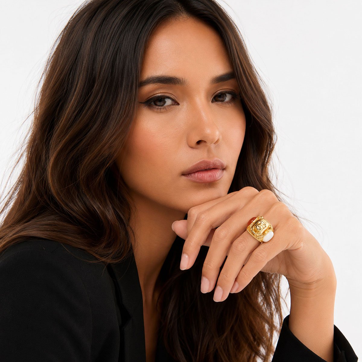 Bague tête de tigre cabochons colorés SOLY doré, HIPANEMA