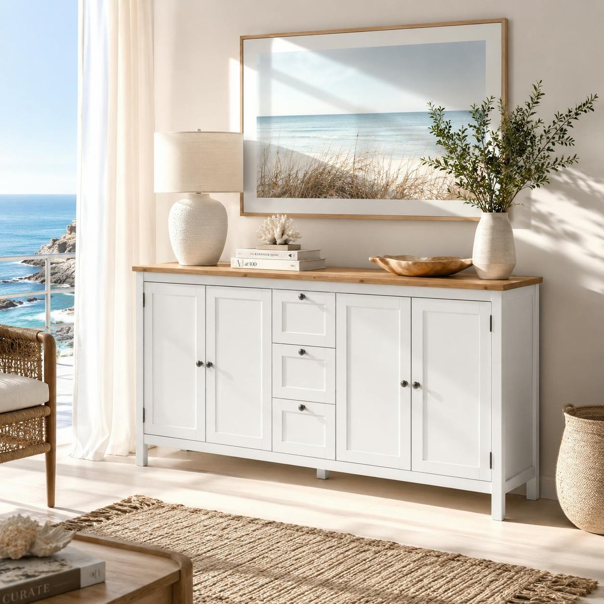 Buffet style campagne 4 portes 3 tiroirs VENZA blanc, PIER IMPORT