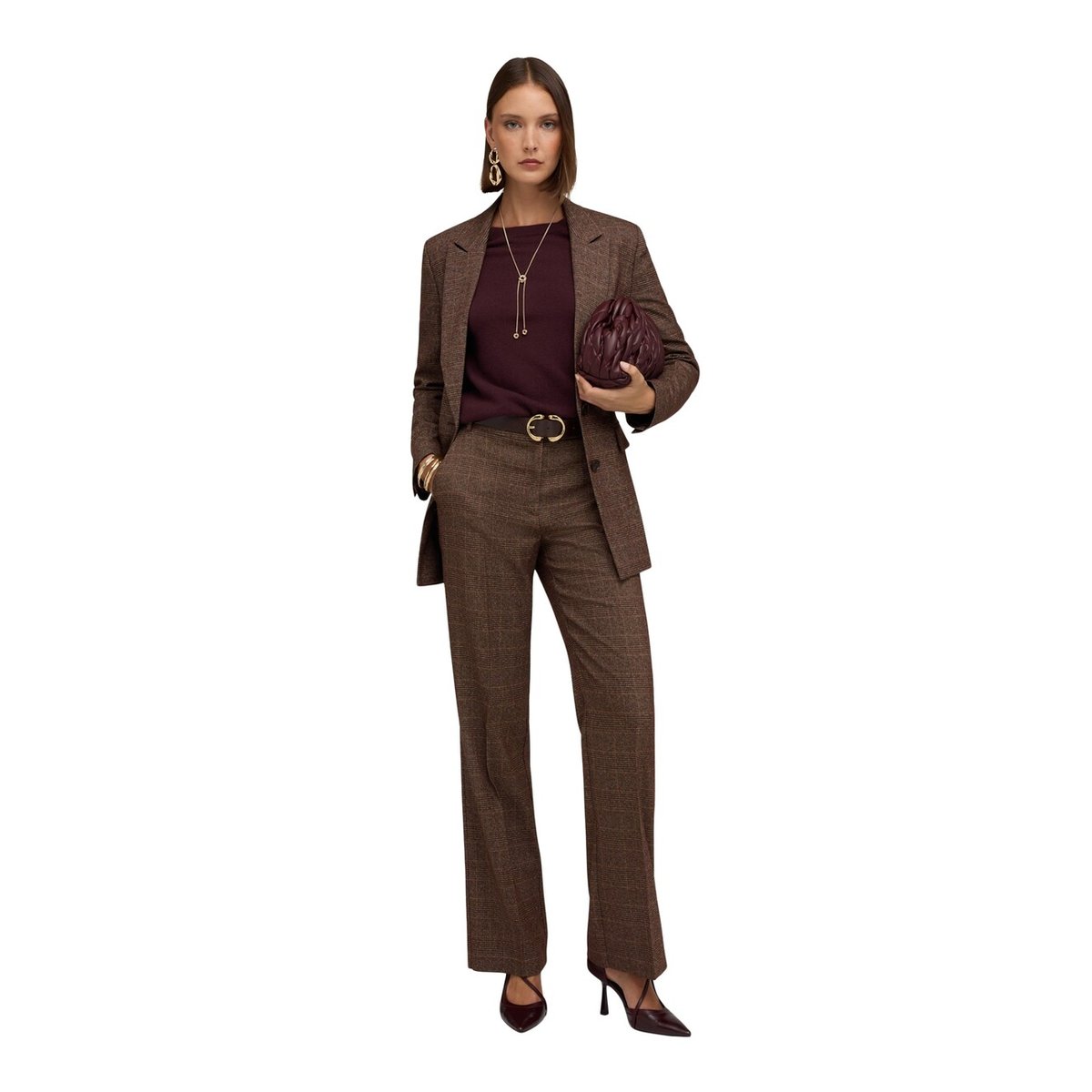 Pantalon palazzo à carreaux marron, MOTIVI