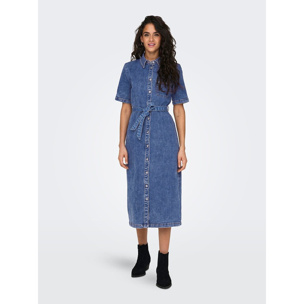 Denim Belted Dress with Short Sleeves medium blue , ONLY