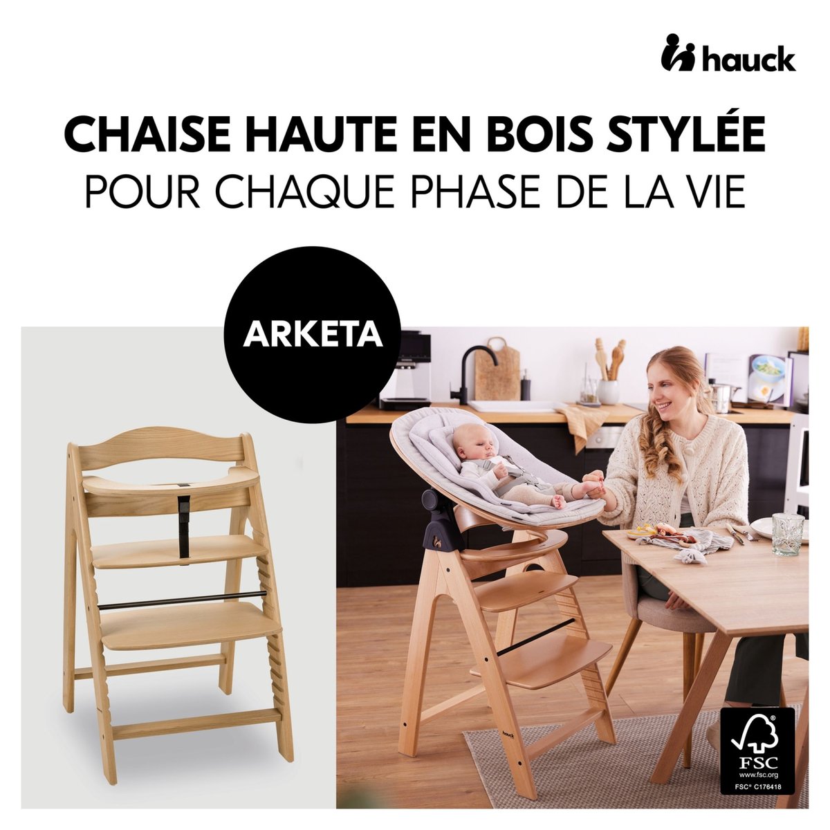 Chaise haute en bois de chêne Arketa Oak couleur unique, HAUCK