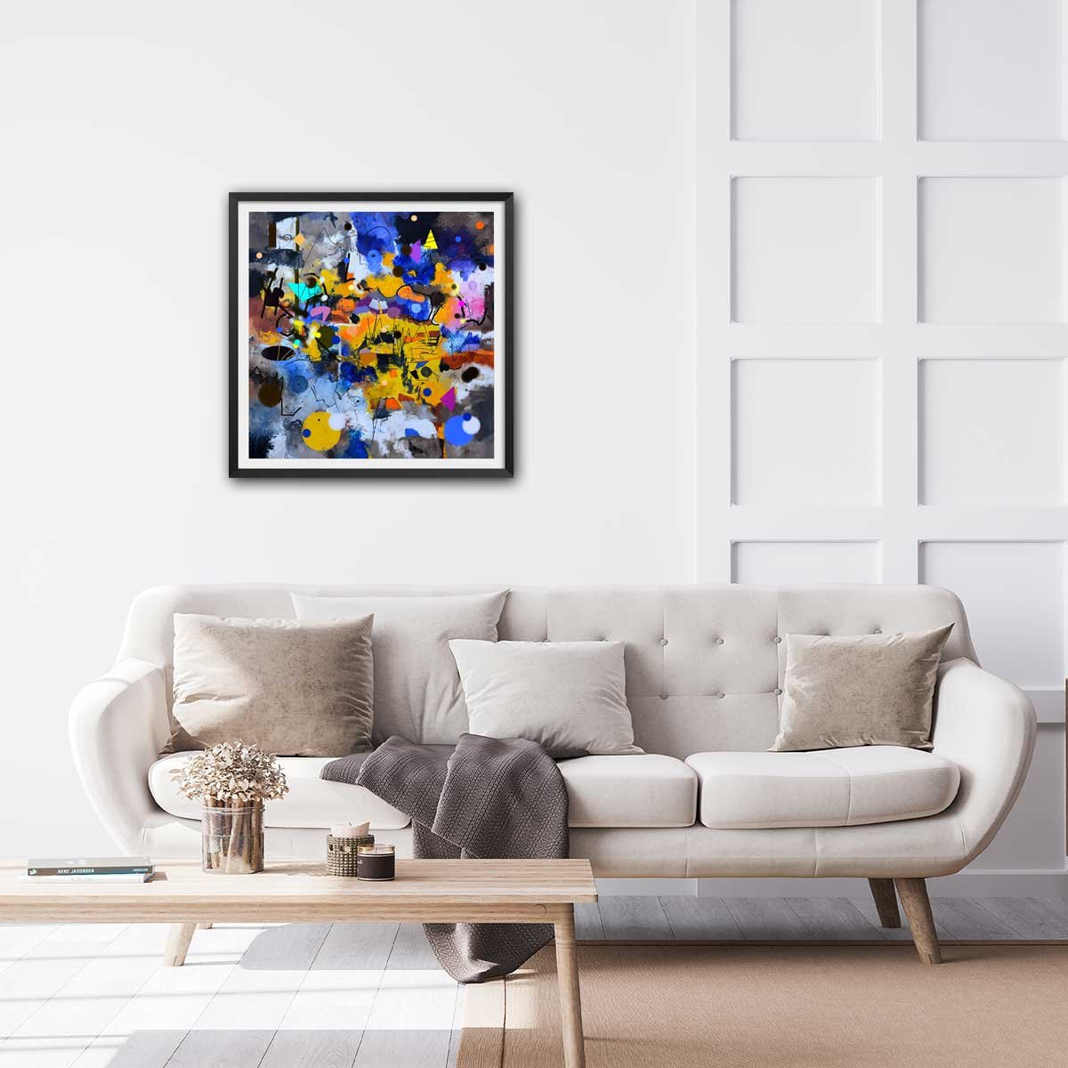Affiche circle yellow blue affiche + cadre en bois - noir, HEXOA