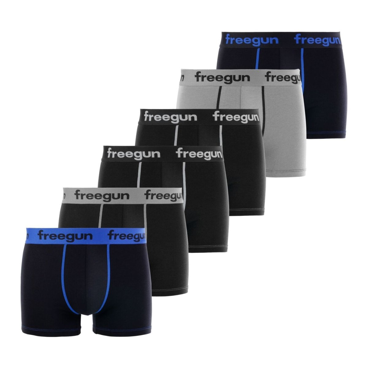 Lot De 6 Boxers Coton Uni noir/blanc/gris/bleu, FREEGUN
