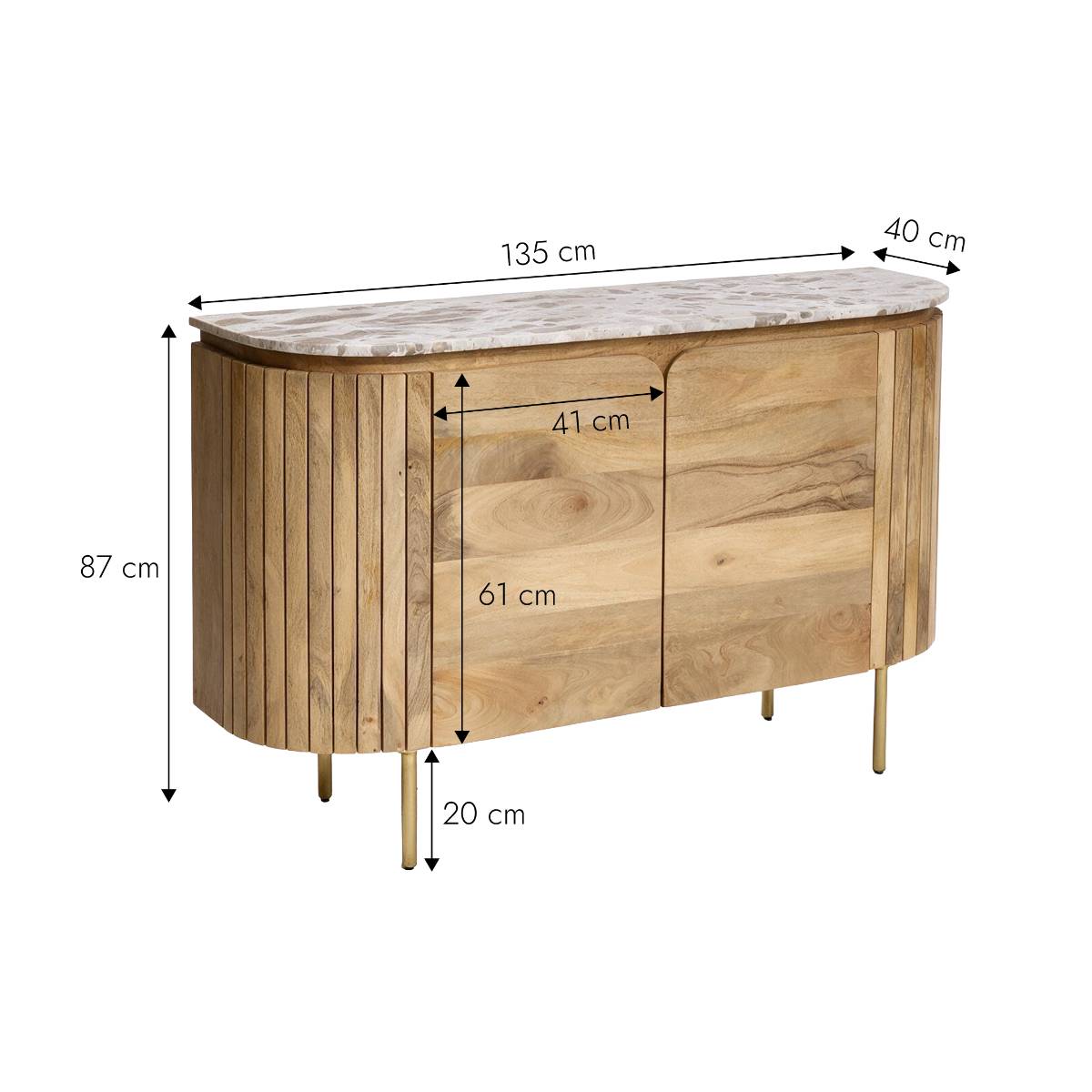 Buffet en marbre et bois de manguier CYRENE bois clair, MADE IN MEUBLES