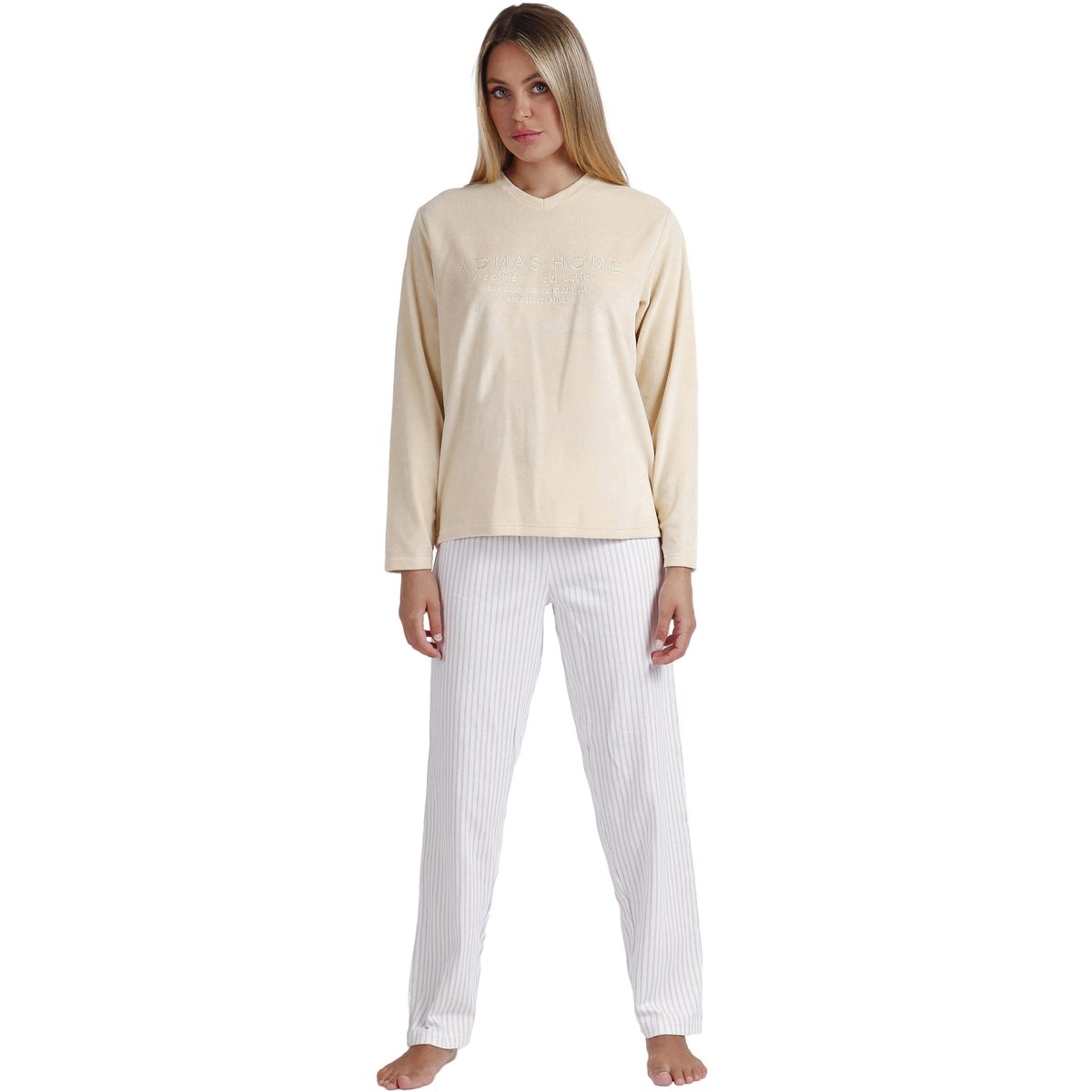 Pyjama pantalon top manches longues Comfort Home beige, ADMAS