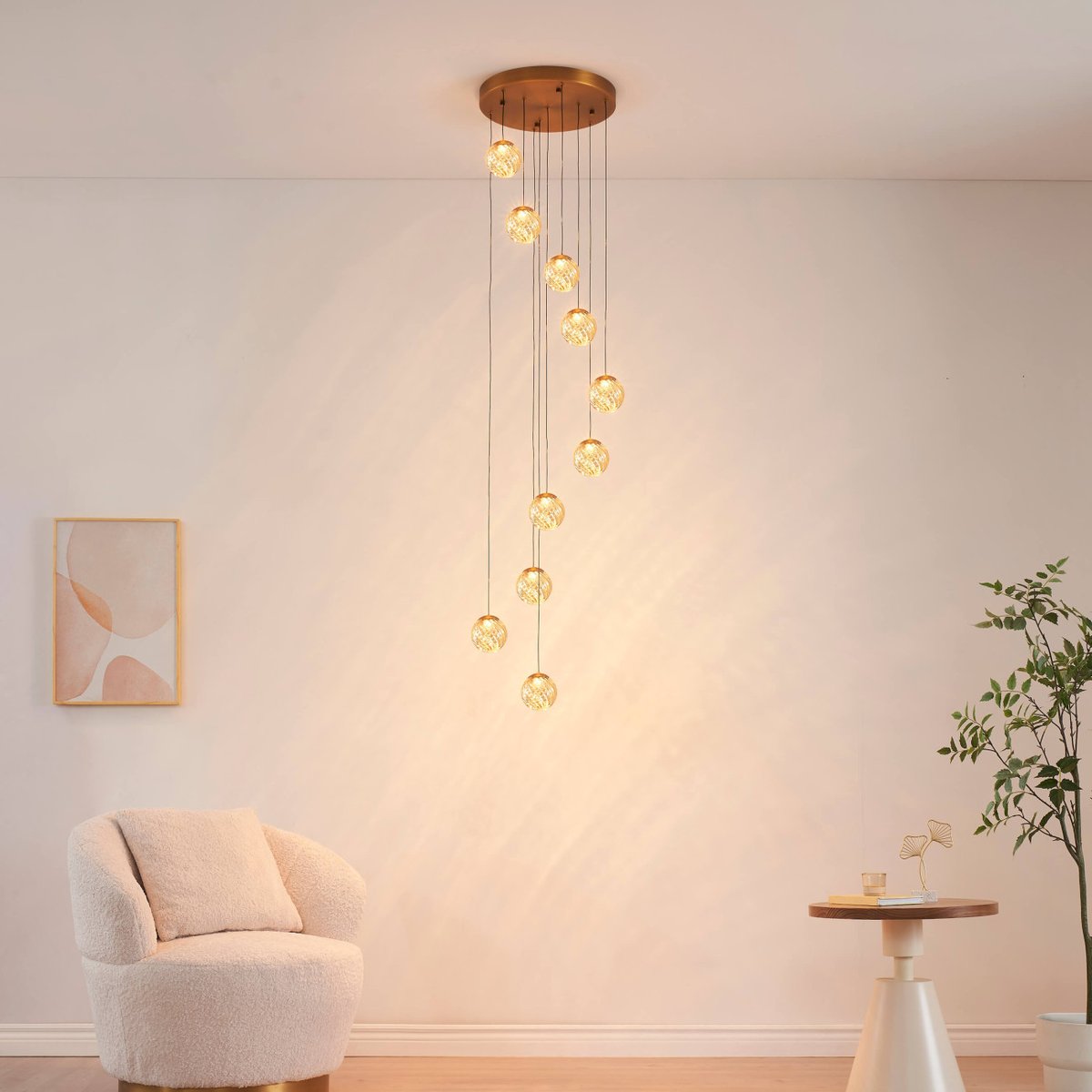 Suspension LED longue à verre ambré - ESPOSIA ambré et doré, KOSILUM