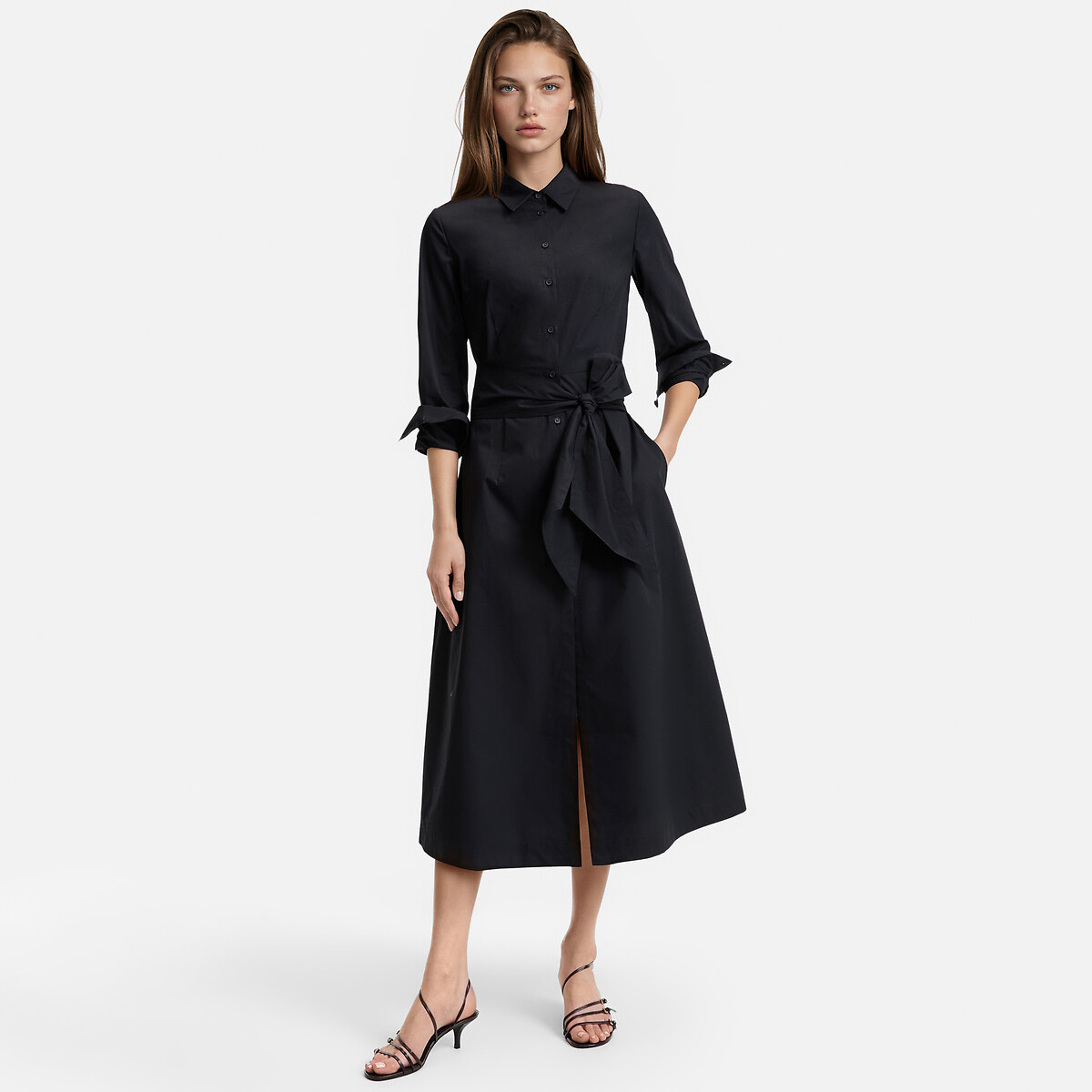 Robe chemise midi à manches longues et ceinture à nouer noir, LA REDOUTE COLLECTIONS