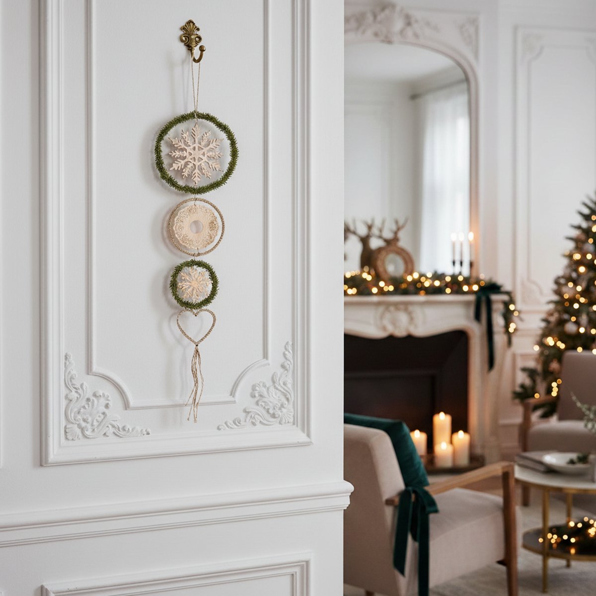 Suspension de noël flocons en bois H68 beige, SIA DECO