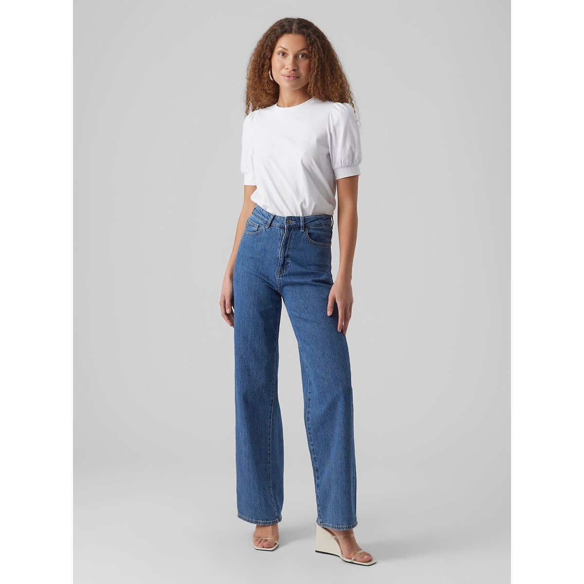 T-shirt, col rond, manches courtes, forme ballon blanc, VERO MODA
