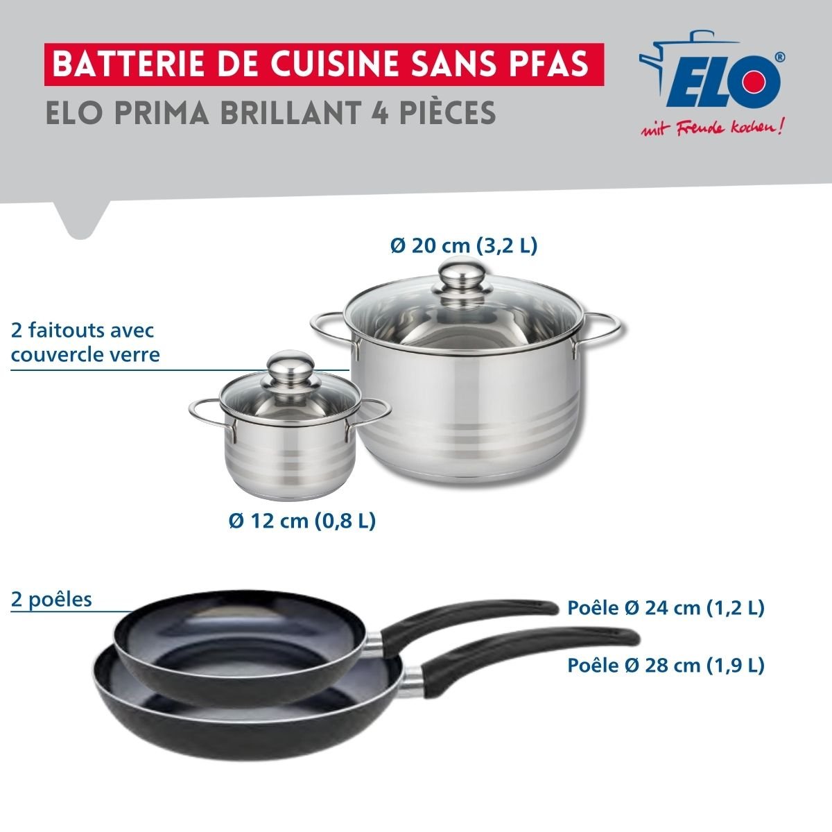 Batterie 2 poêles 24/28cm + 2 faitouts 12/20cm PRIMA BRILLANT noir, ELO