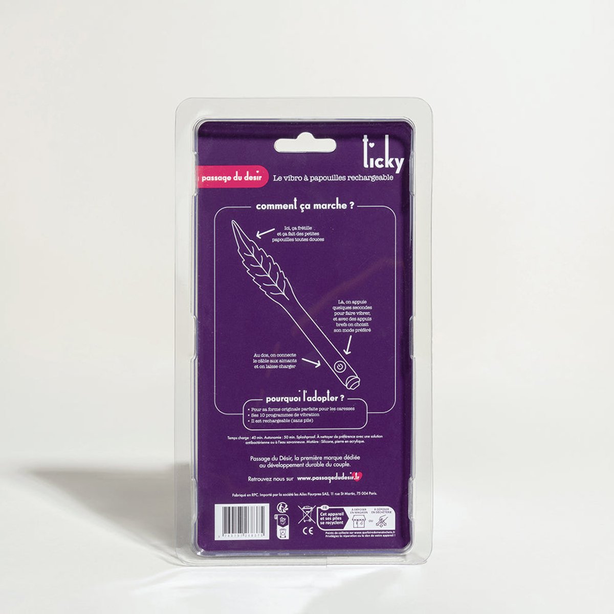 Vibromasseur Ticky plume de massage vibrante rechargeable violet, PASSAGE DU DESIR