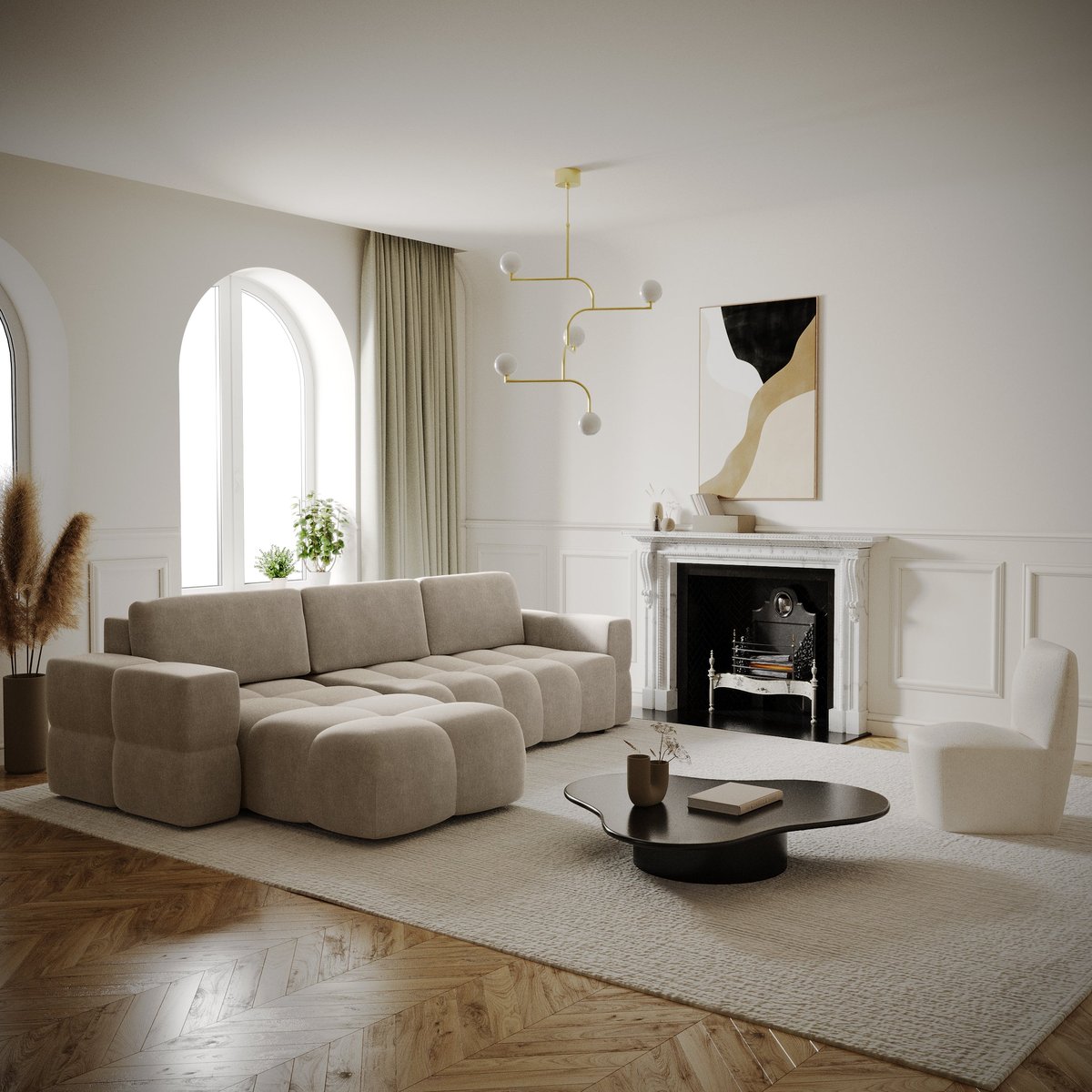 Canapé d'angle gauche convertible coffre 5 places en velours GABRIEL taupe, SIA HOME