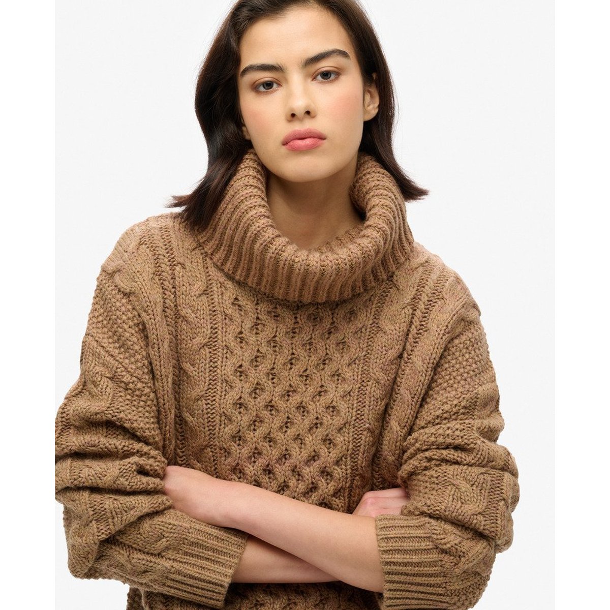 Pull en mailles torsadées à col roulé caramel insulaire twist, SUPERDRY