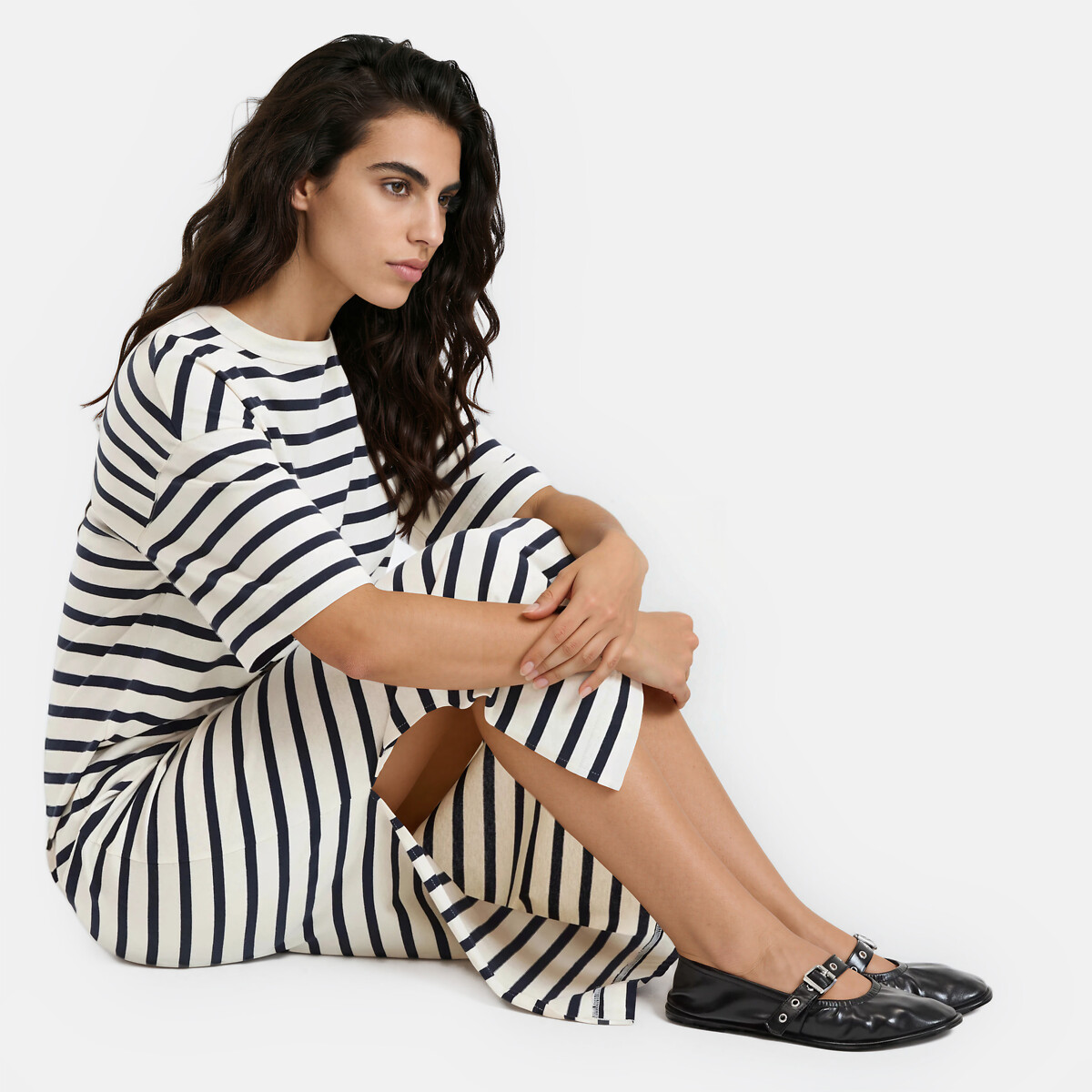 Robe longue jersey rayé boutonnage épaule rayé marine/écru, LA REDOUTE COLLECTIONS