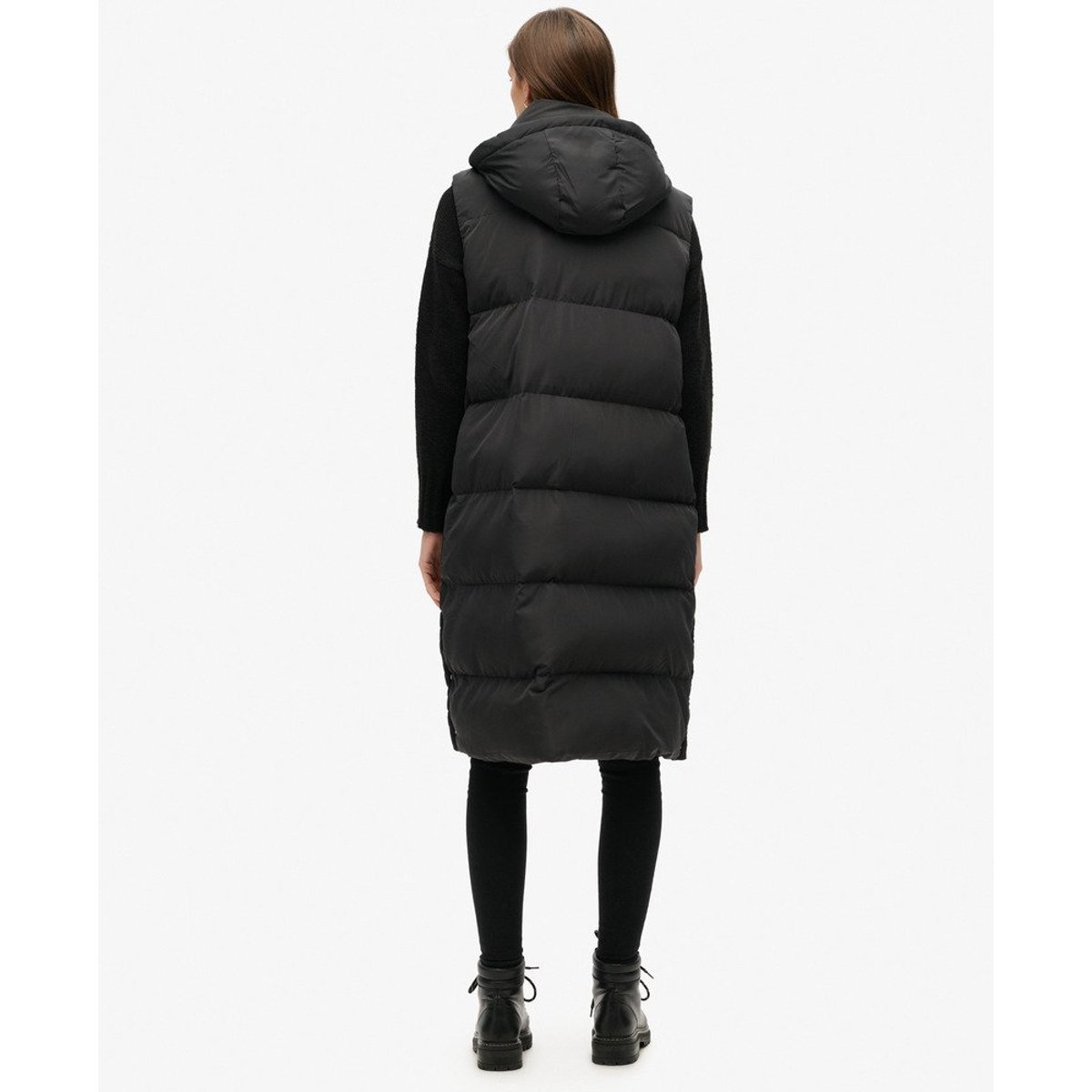 Doudoune longue sans manches à capuche noir, SUPERDRY