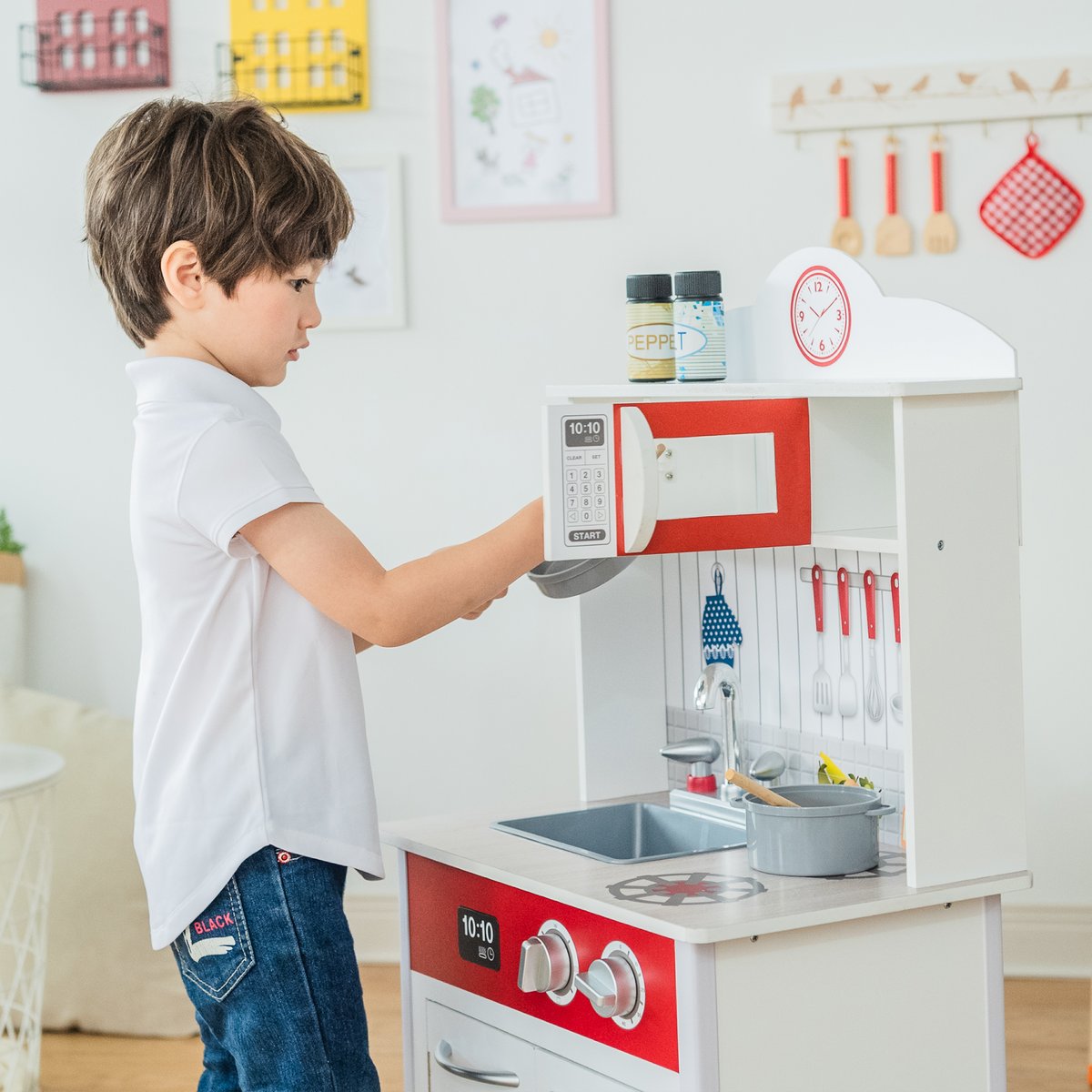 Cuisine Enfant avec évier, four et rangements, Bois, LITTLE CHEF rouge, TEAMSON KIDS