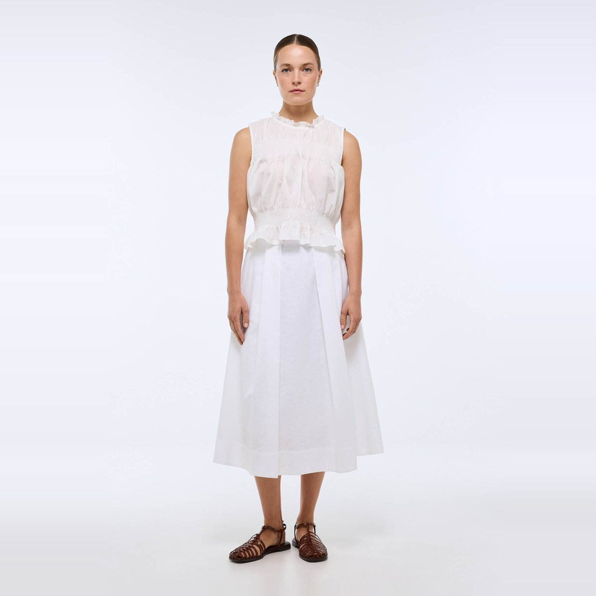 Jupe midi unie contenant du lin blanc, MONOPRIX