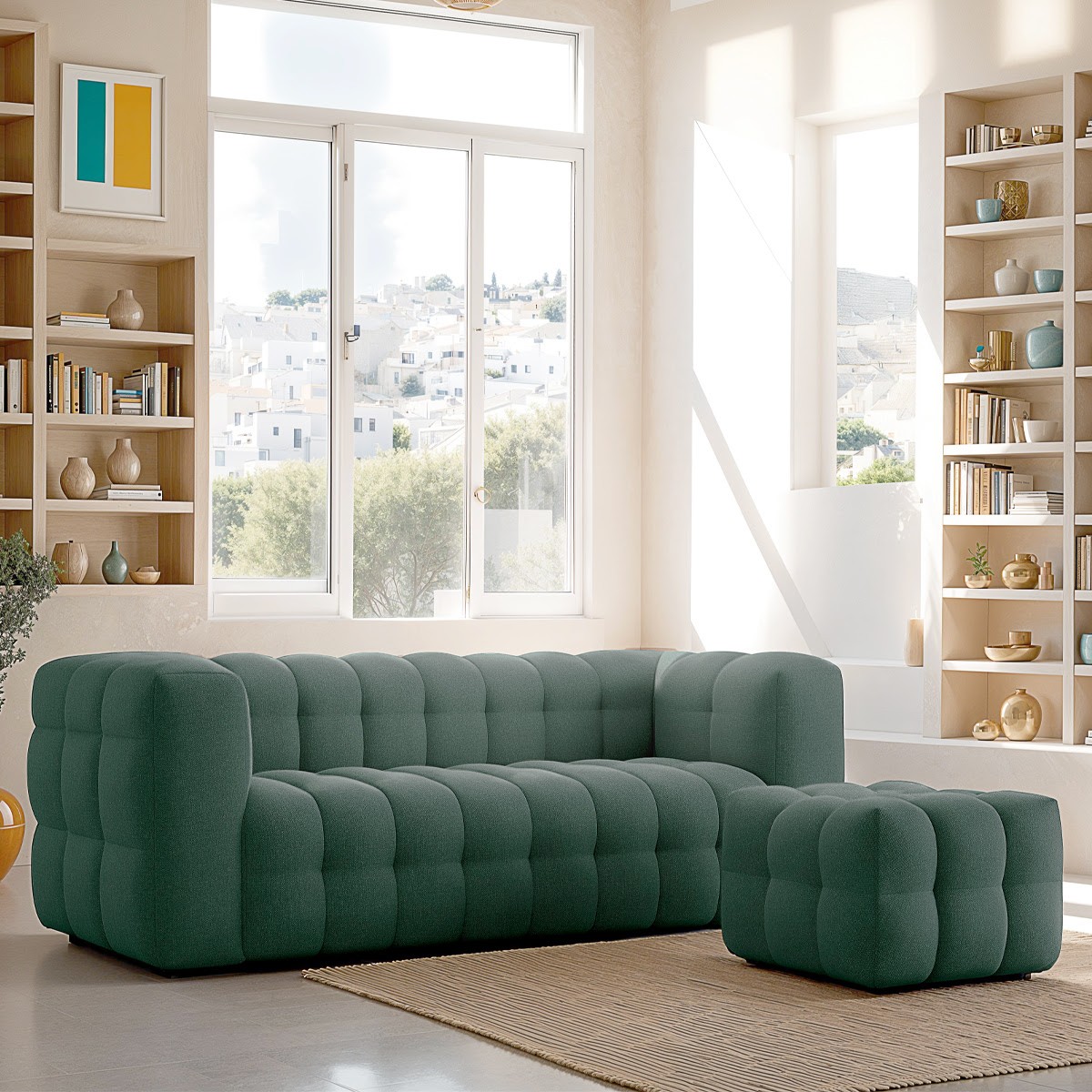 Pouf capitonné en tissu chenille - CESTER vert, HOMIFAB