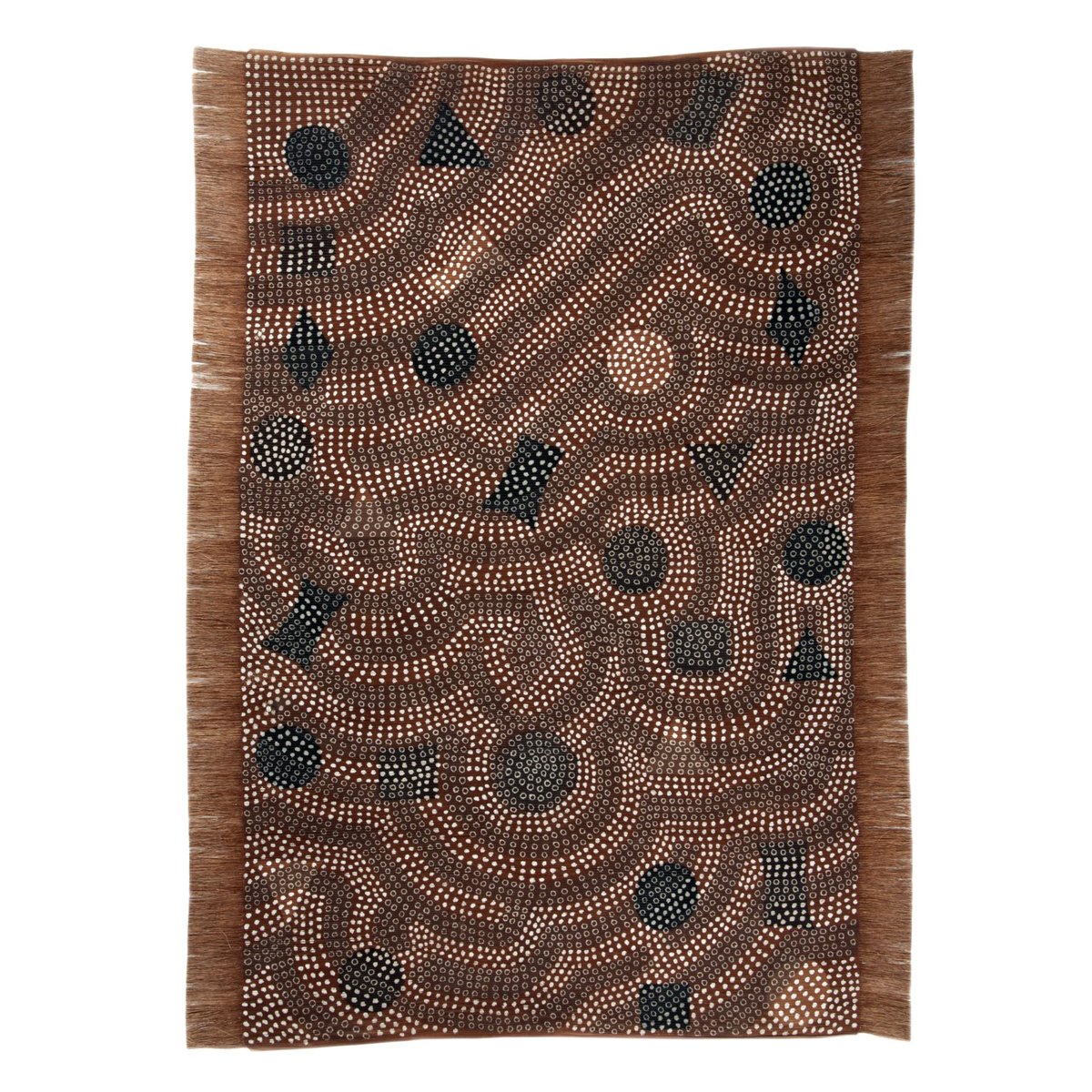 Tapis salon Bogolan fait main, plat, franges rouille, THEKO