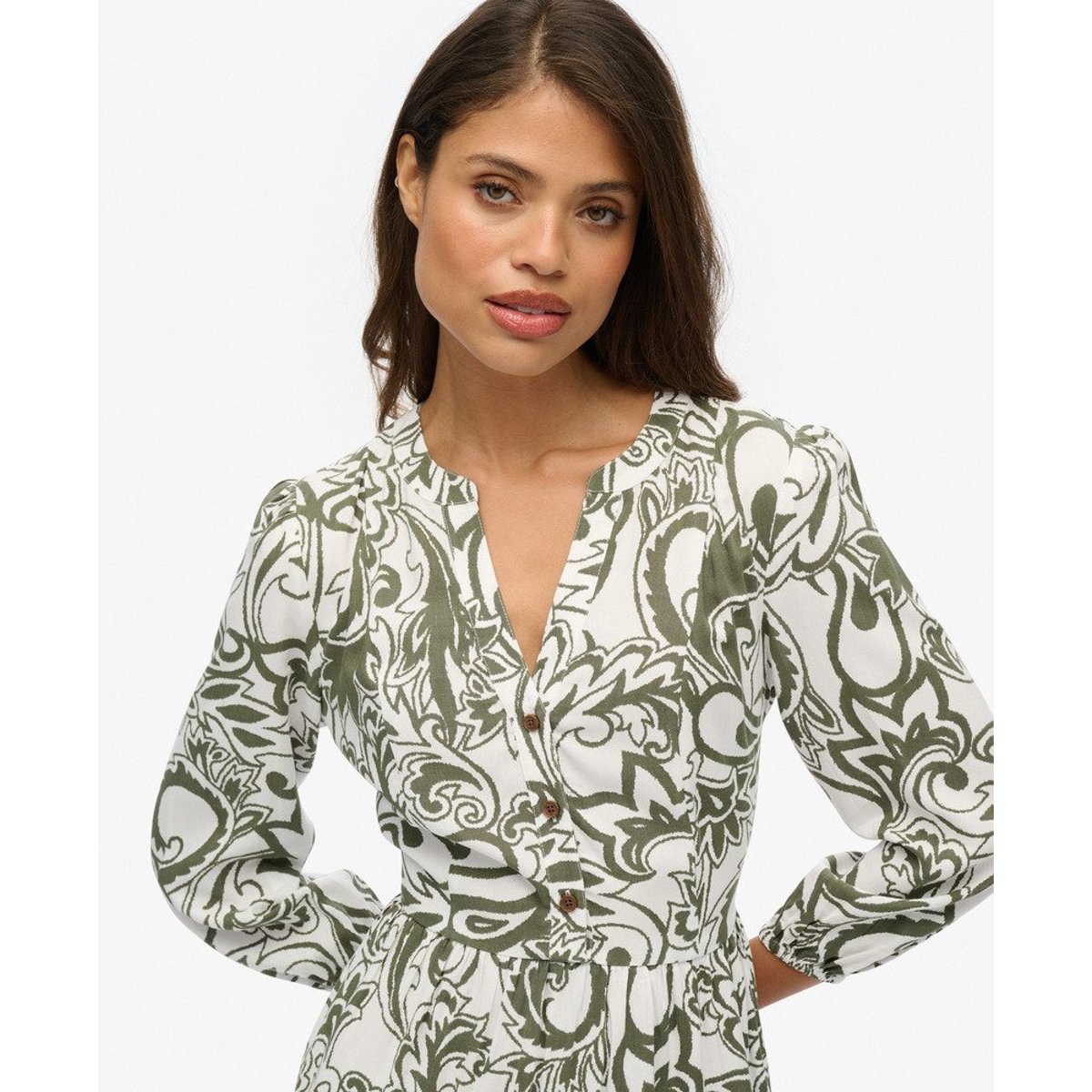 Robe mi-longue tissée à volants cachemire kaki, SUPERDRY