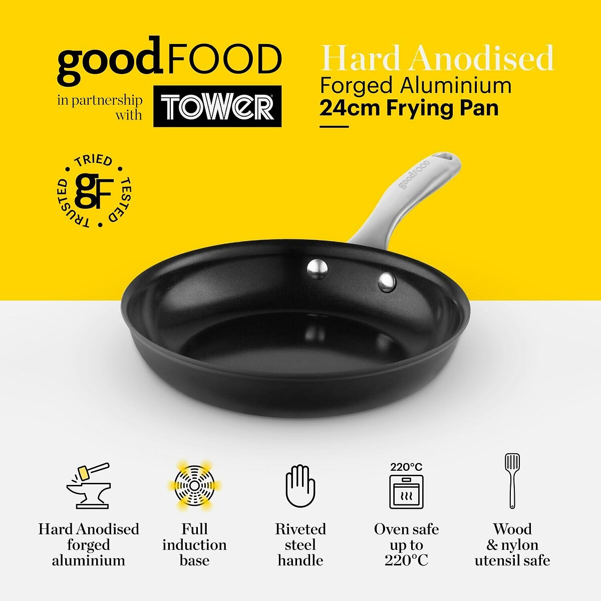 24cm Hard Anodized Non-Stick Frying Pan black, GOOD FOOD BY TOWER