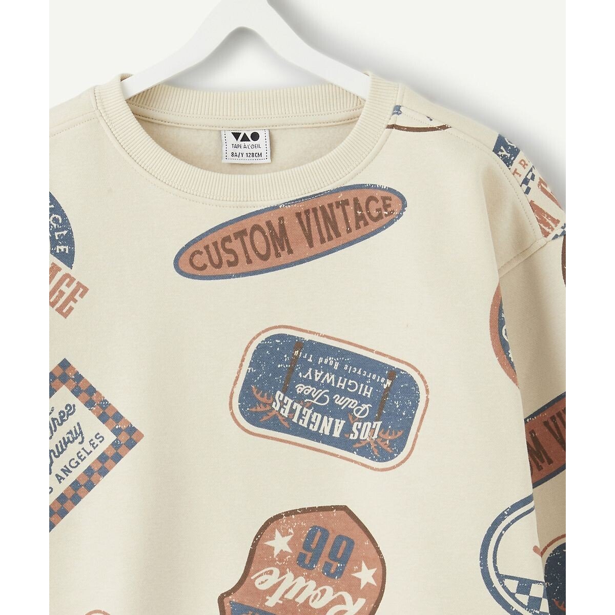 Sweat col rond imprimé, en molleton imprimé fond beige, TAPE A L'OEIL