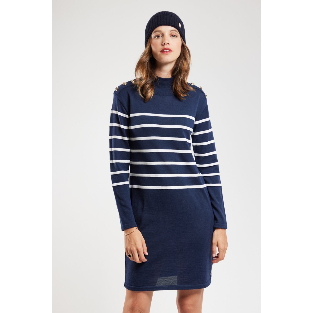 Robe rayée Mona en laine evening blue/nature h23, TERRE & MER