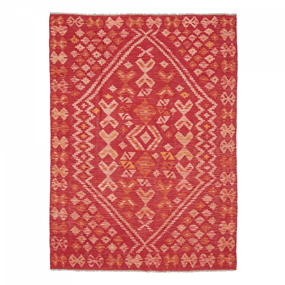 Tapis d'orient ethnique, tissé plat artisanal en laine, KILIM 17 rouge, orange, rose, UN AMOUR DE TAPIS