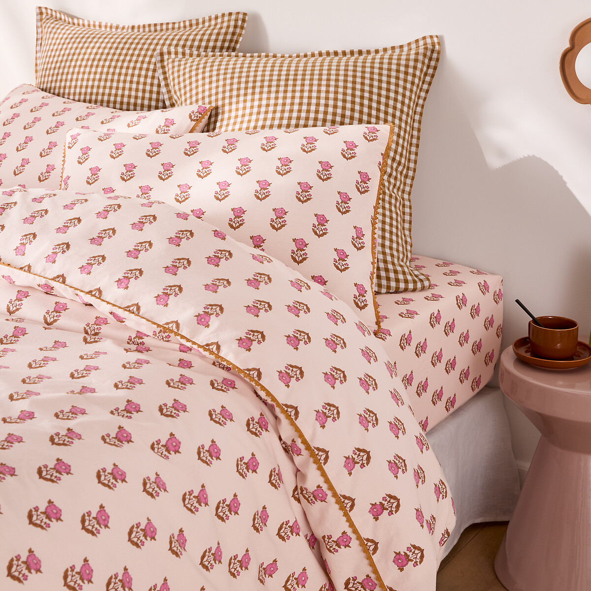 Funda de almohada de algodón lavado, DIMANI estampado fondo rosa, LA REDOUTE INTERIEURS