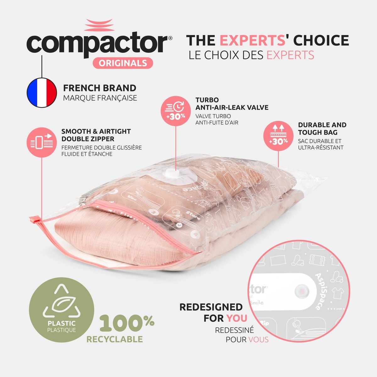 COMPACTOR - Lot 3 sacs rangement sous vide ASPISPACE - 55 x 0 x H.90 cm - Transparent transparent, COMPACTOR